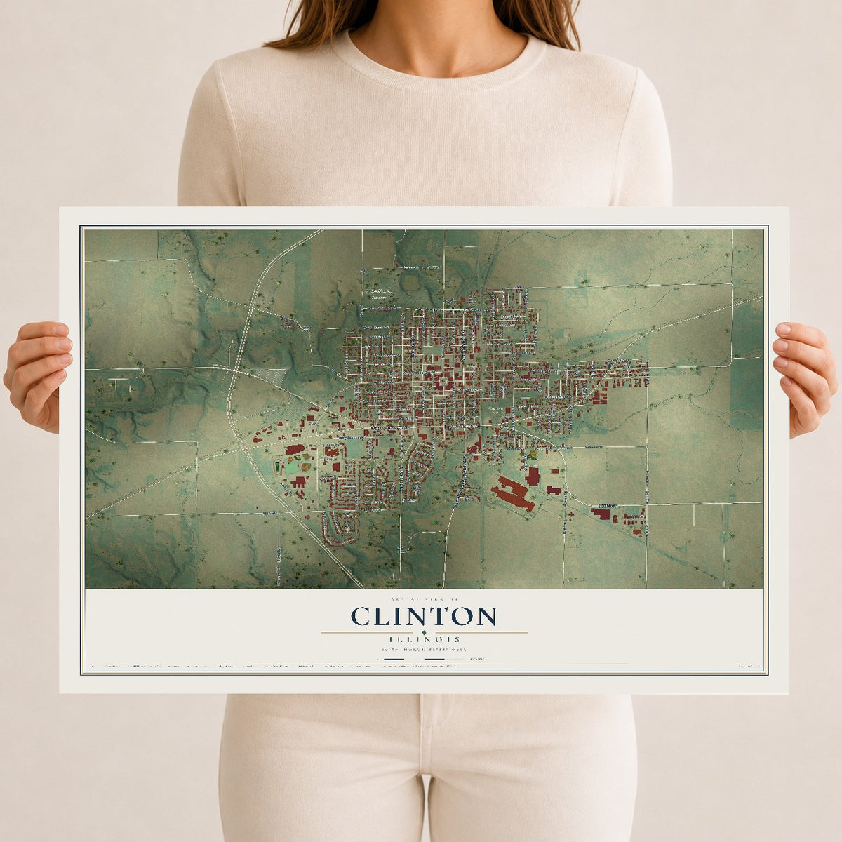 Map of Clinton, Illinois, 12 x 18 inch unframed archival matte print