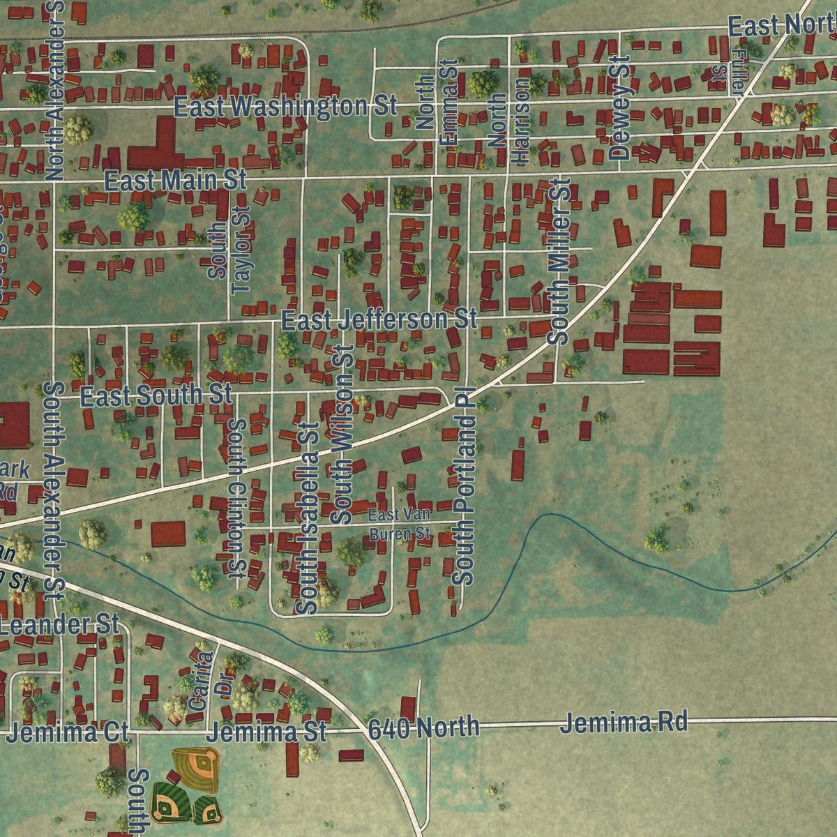 Second close-up of the map of Clinton, Illinois print showing more streets and buildings