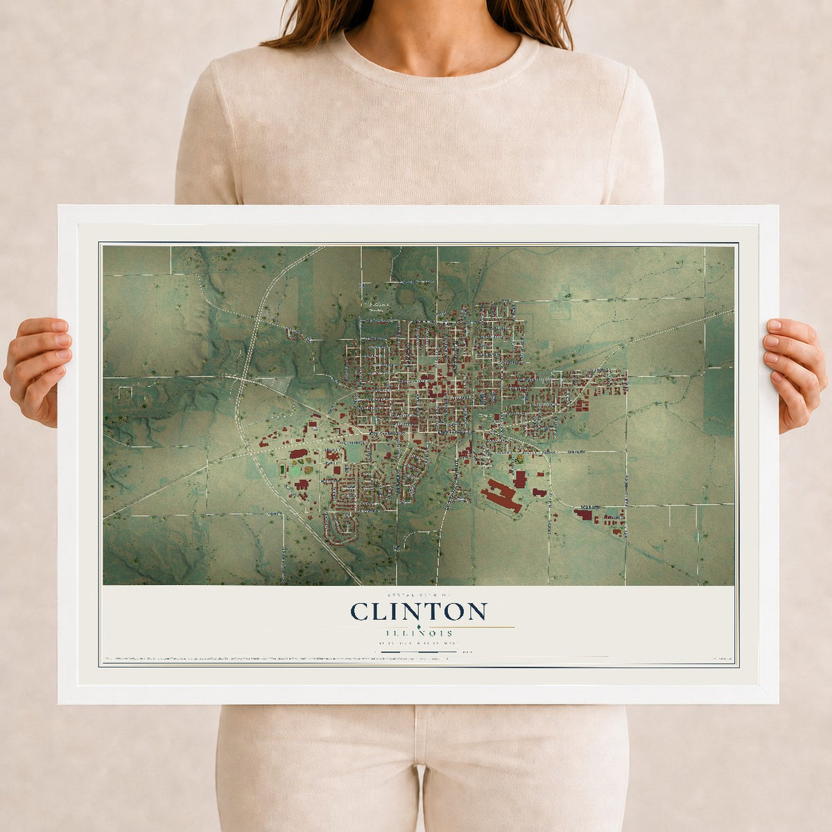 Map of Clinton, Illinois, 12 x 18 inch print in a white wood frame