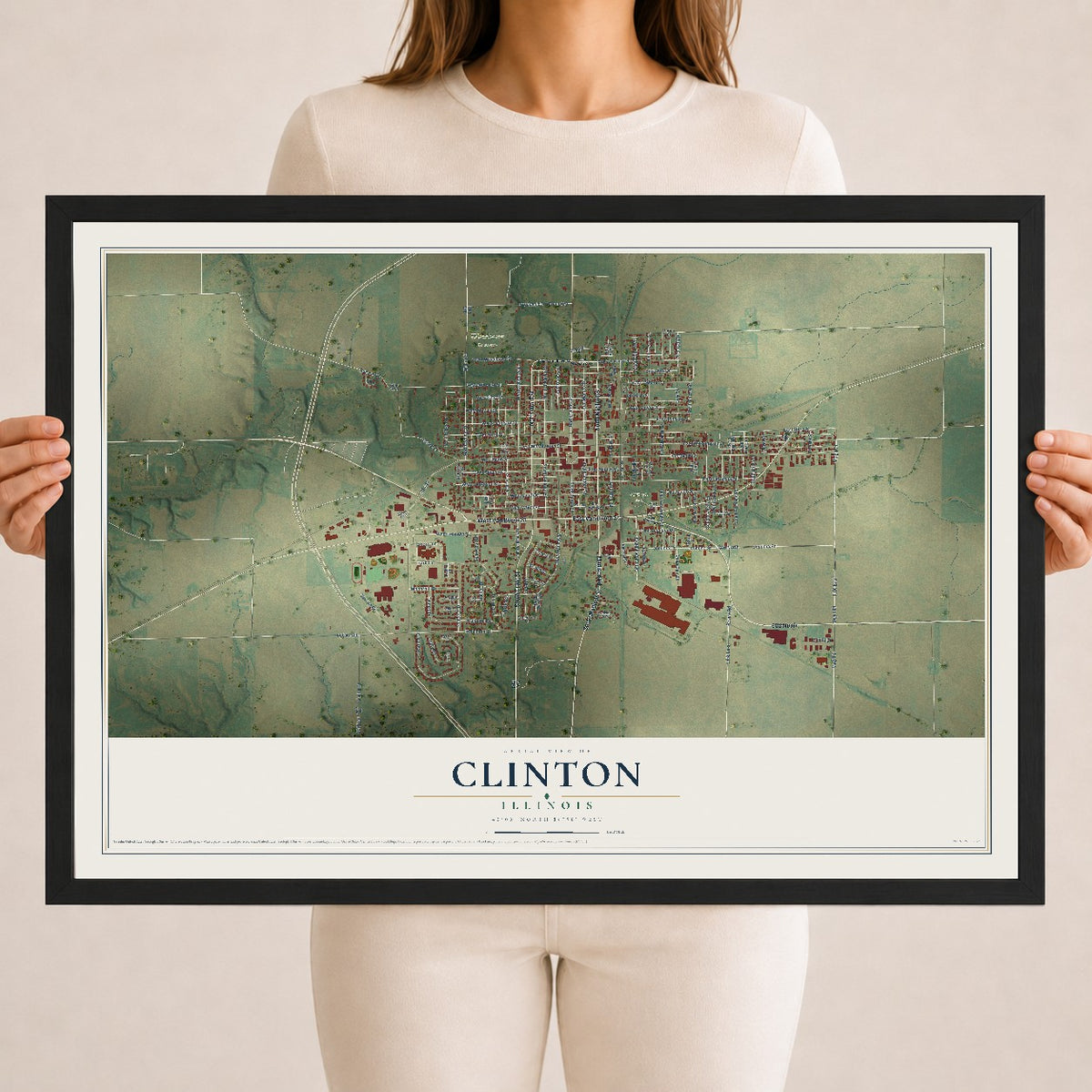 Map of Clinton, Illinois, 18 x 24 inch print in a black wood frame