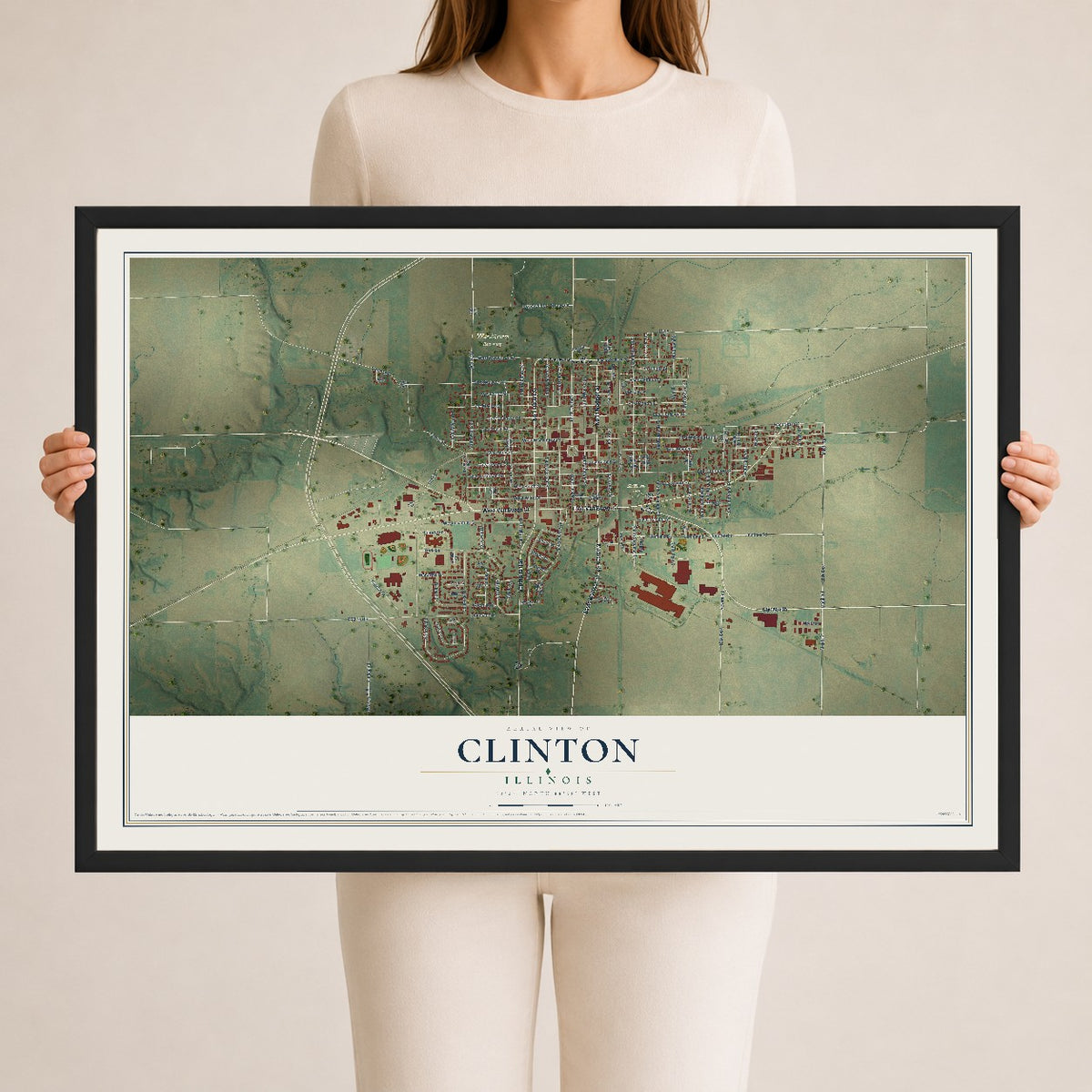 Map of Clinton, Illinois, 24 x 36 inch print in a black wood frame