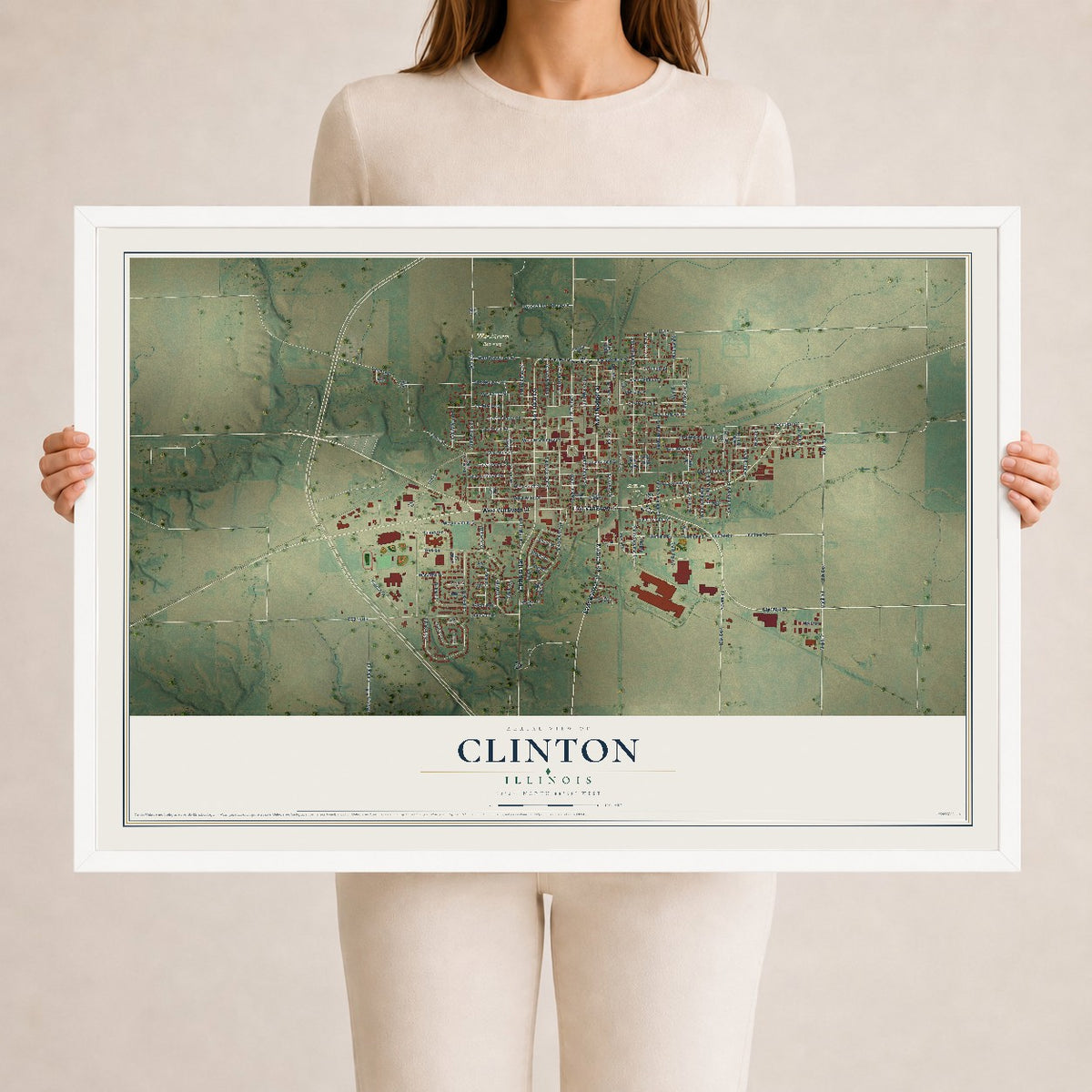Map of Clinton, Illinois, 24 x 36 inch print in a white wood frame