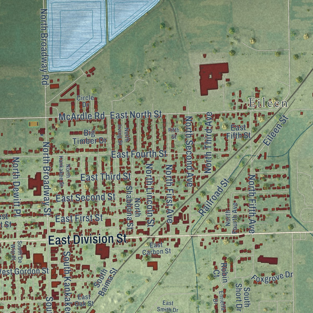 Close-up of the map of Coal City, Illinois print showing street and building detail