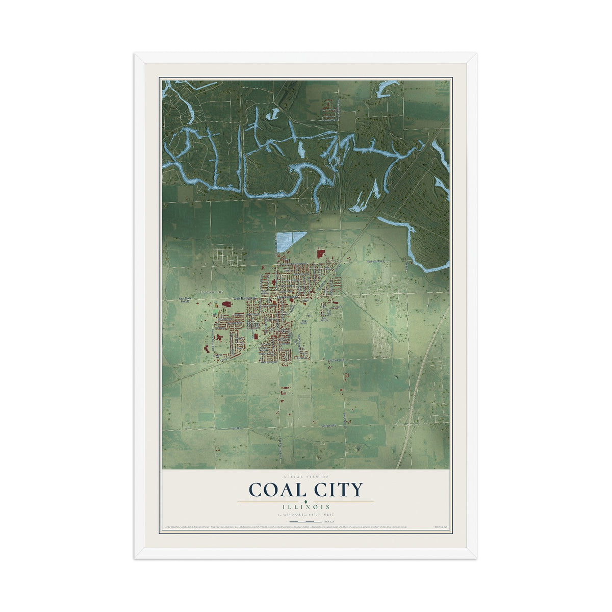 Map of Coal City, Illinois, 12 x 18 inch print in a white wood frame