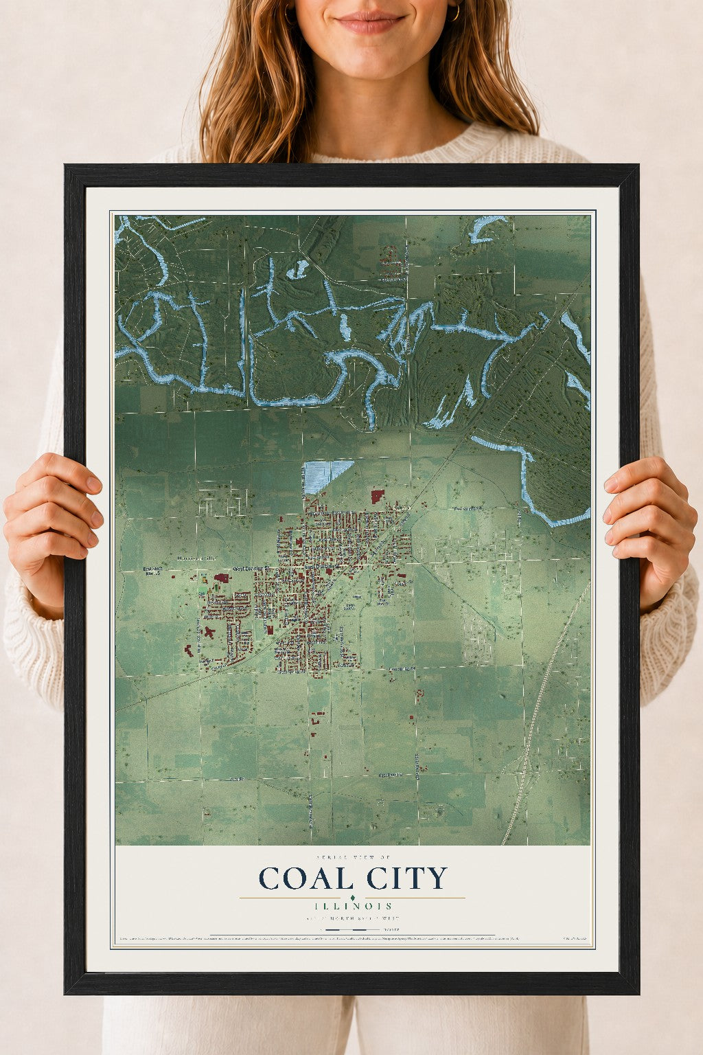 Map of Coal City, Illinois, 18 x 24 inch print in a black wood frame