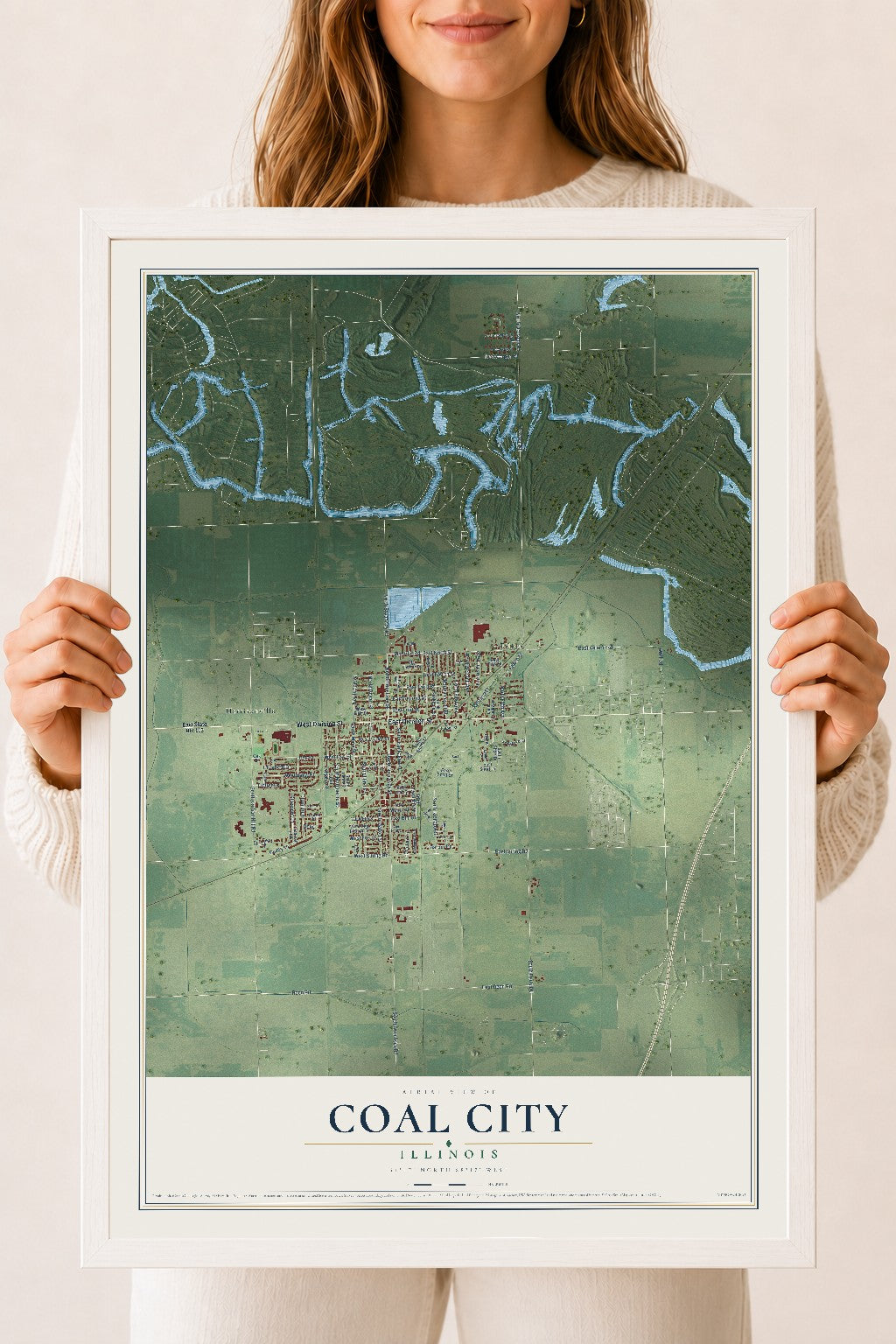 Map of Coal City, Illinois, 18 x 24 inch print in a white wood frame