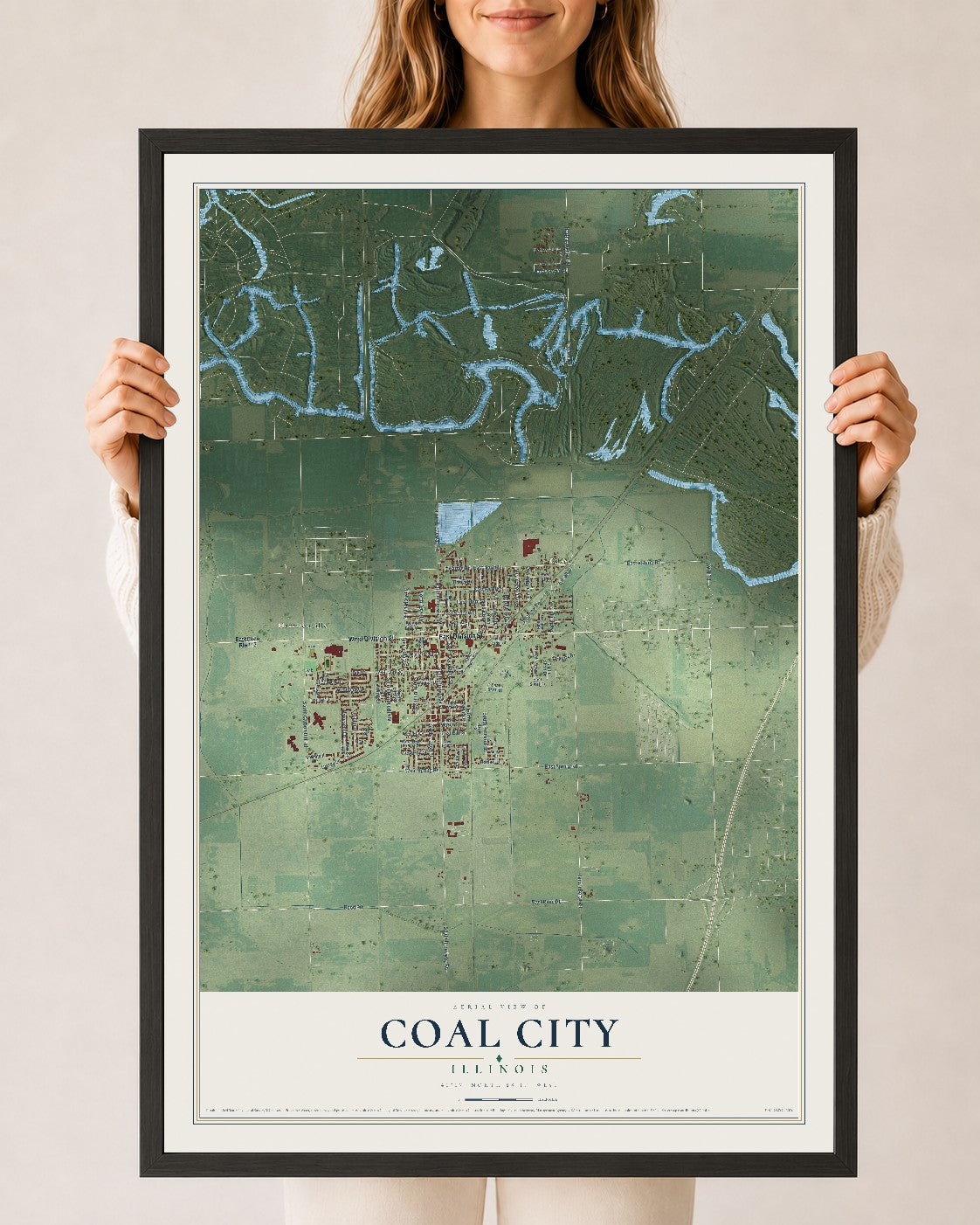 Map of Coal City, Illinois, 24 x 36 inch print in a black wood frame