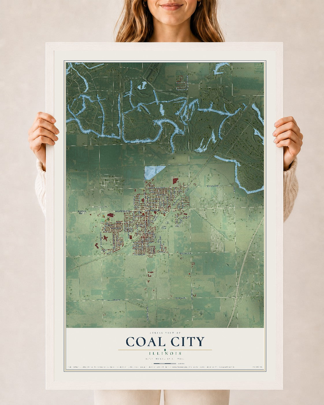 Map of Coal City, Illinois, 24 x 36 inch print in a white wood frame