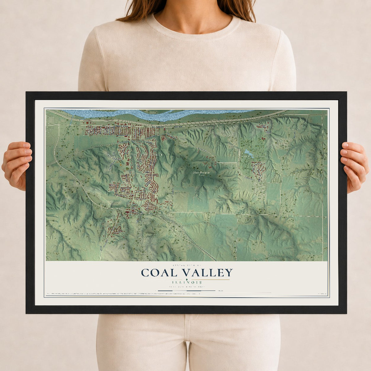 Map of Coal Valley, Illinois, 12 x 18 inch print in a black wood frame