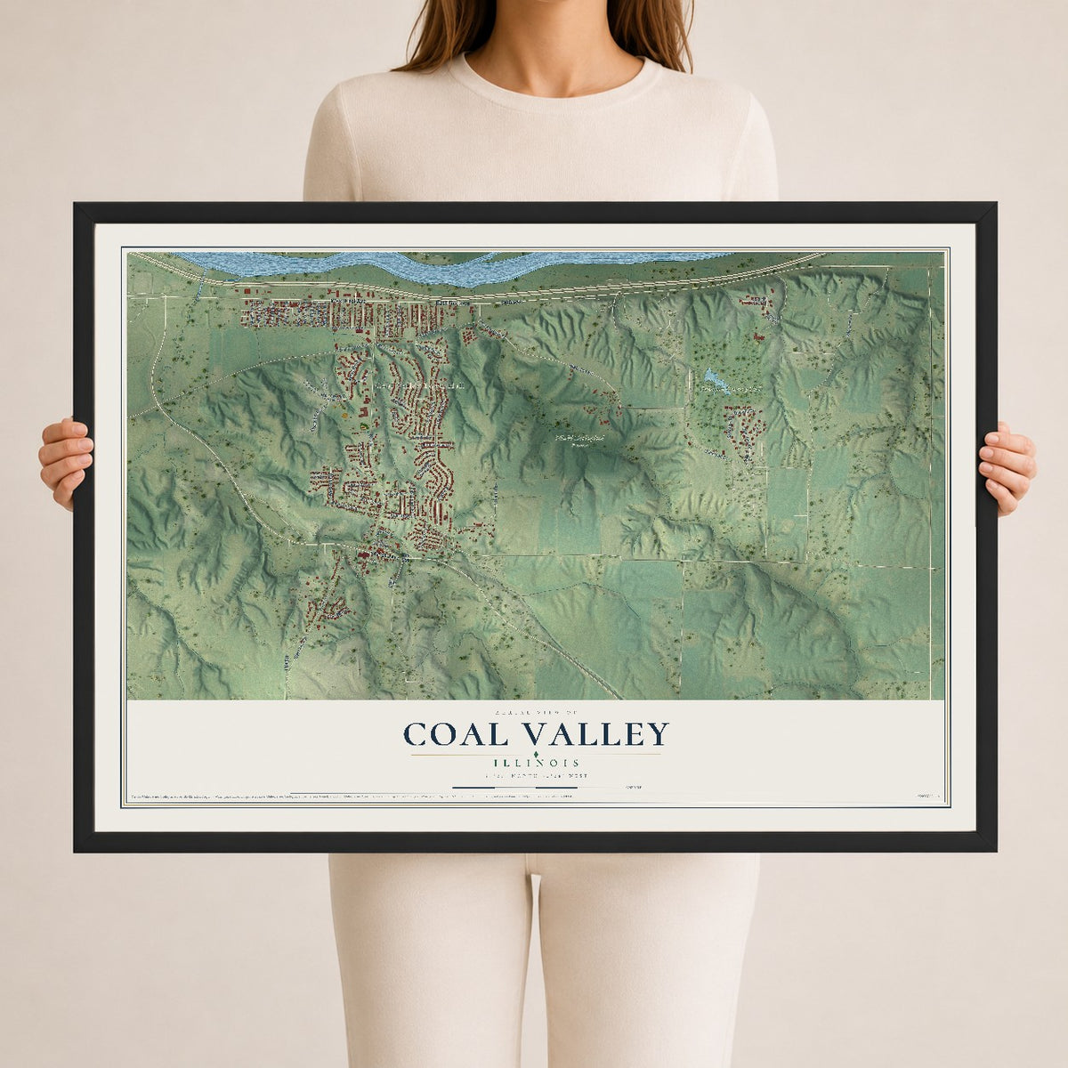 Map of Coal Valley, Illinois, 24 x 36 inch print in a black wood frame