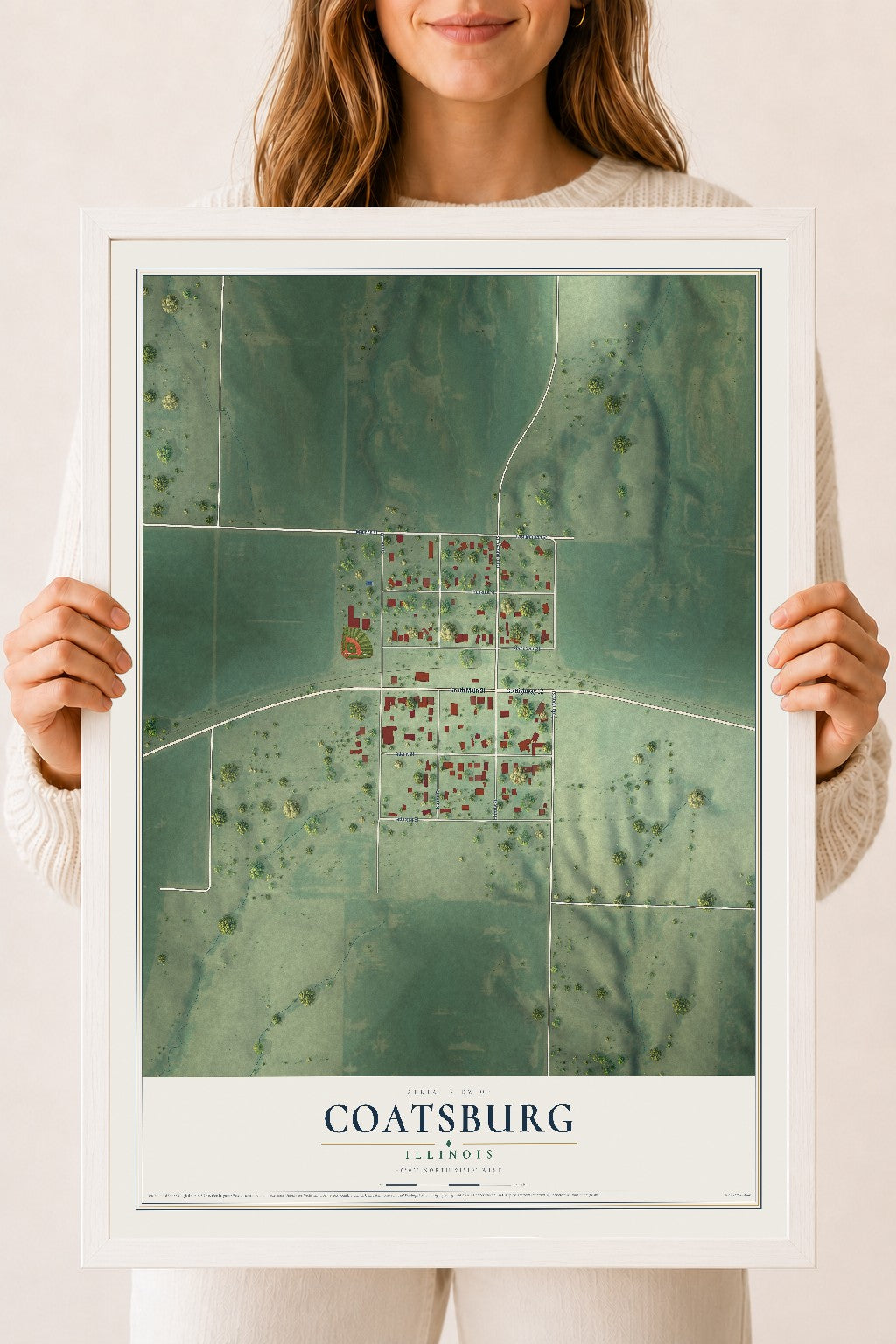 Map of Coatsburg, Illinois, 18 x 24 inch print in a white wood frame
