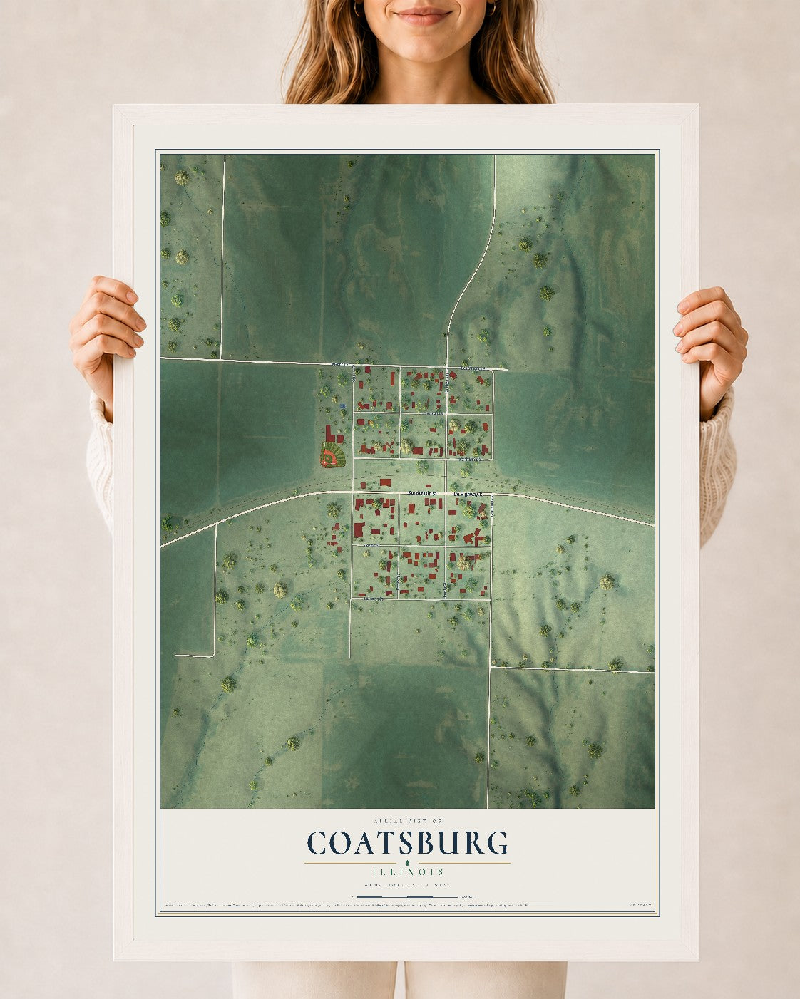 Map of Coatsburg, Illinois, 24 x 36 inch print in a white wood frame