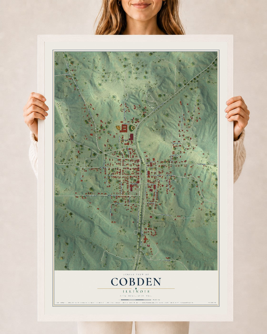 Map of Cobden, Illinois, 24 x 36 inch print in a white wood frame
