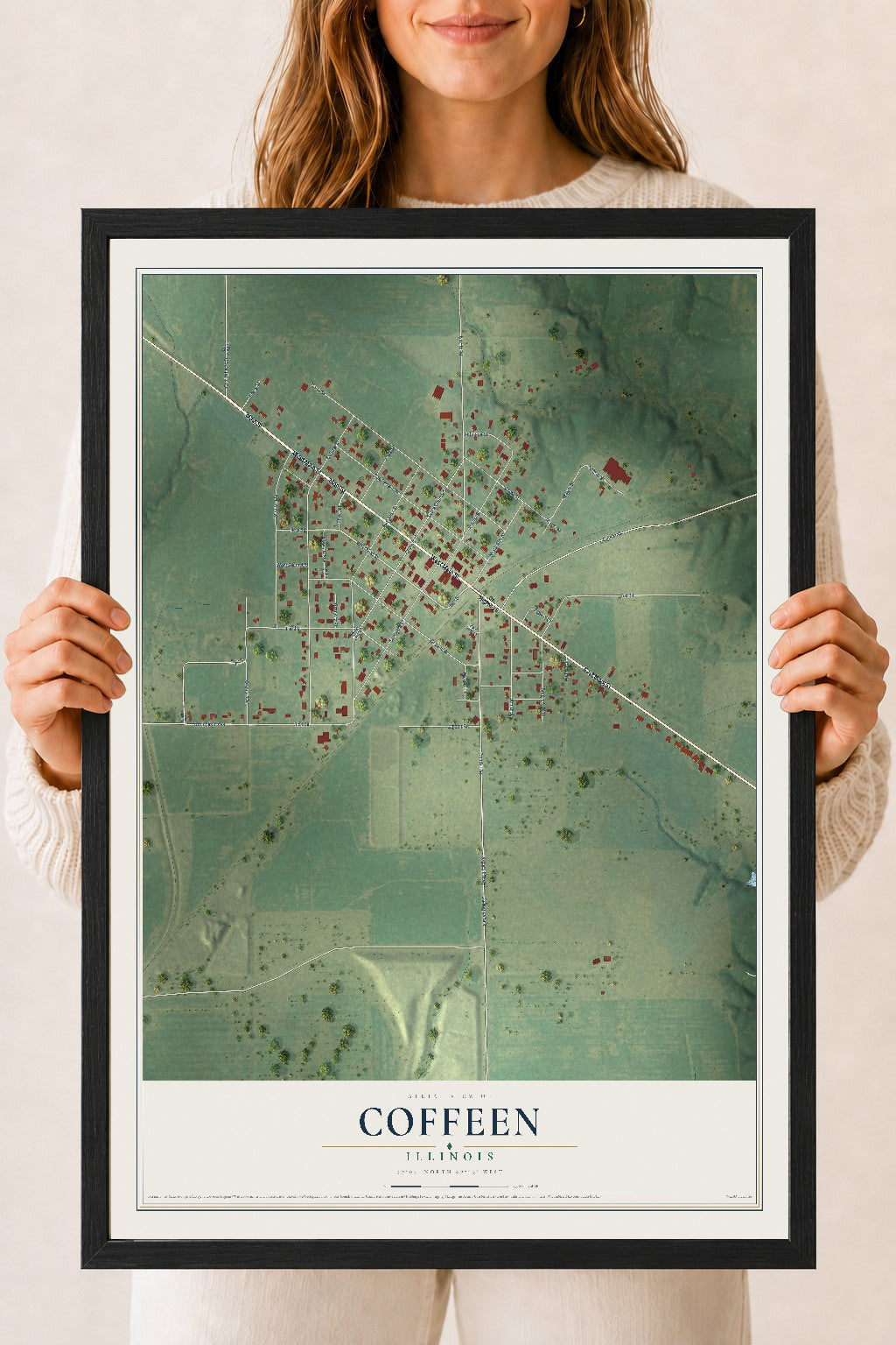 Map of Coffeen, Illinois, 18 x 24 inch print in a black wood frame