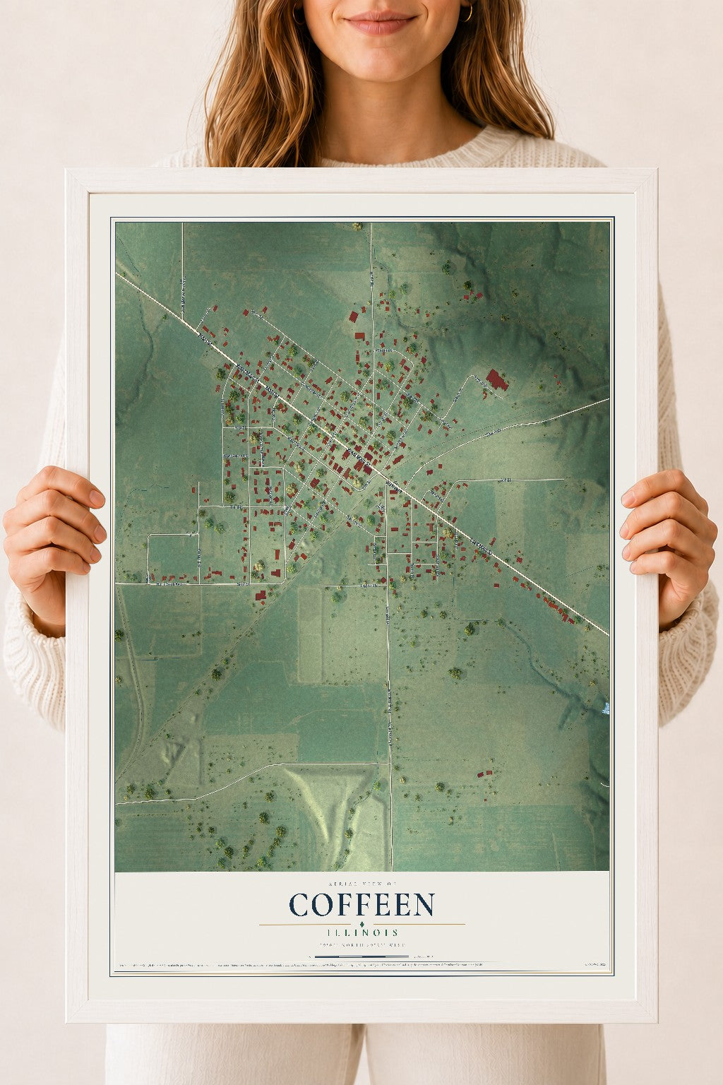 Map of Coffeen, Illinois, 18 x 24 inch print in a white wood frame