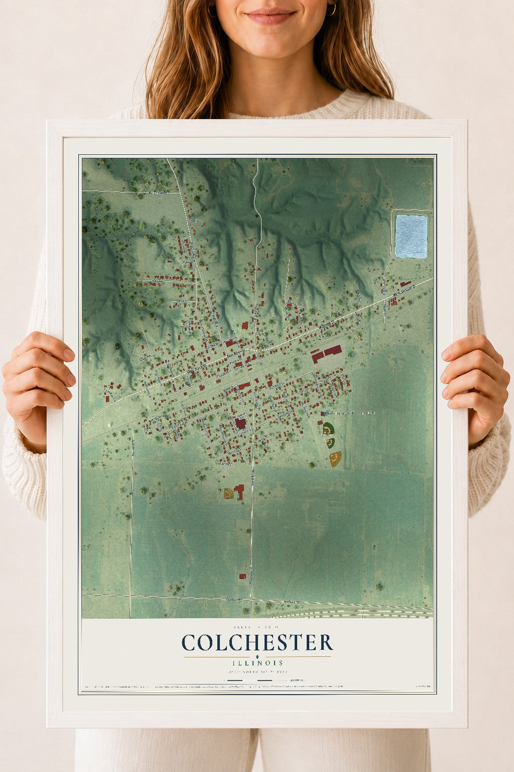 Map of Colchester, Illinois, 18 x 24 inch print in a white wood frame