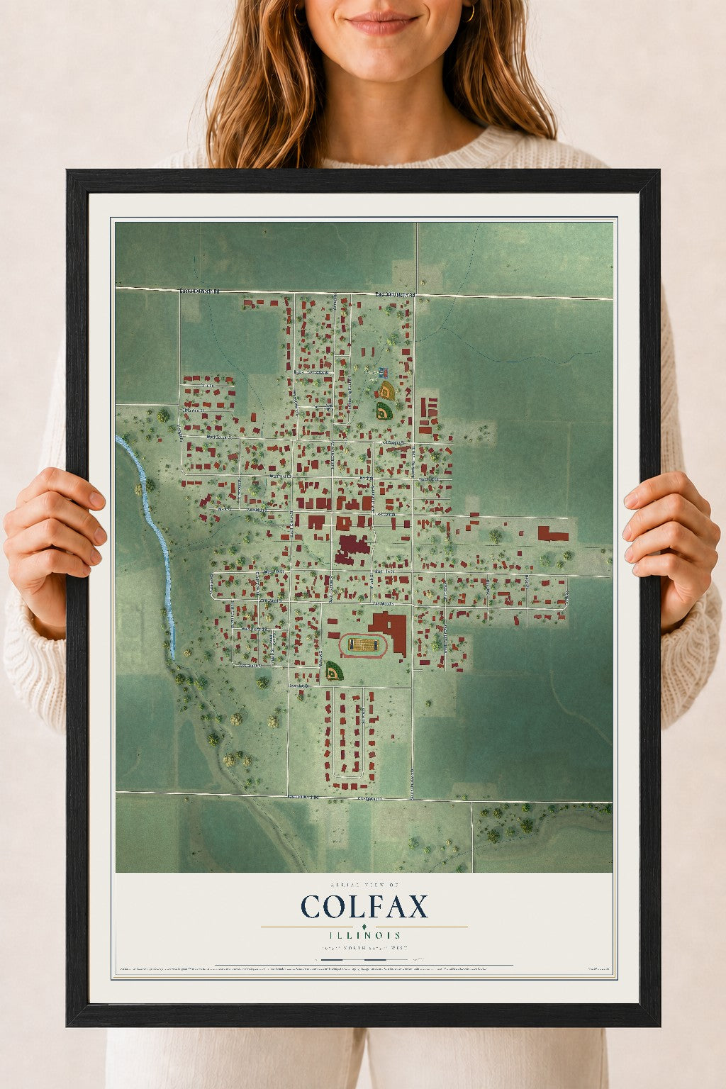 Map of Colfax, Illinois, 18 x 24 inch print in a black wood frame