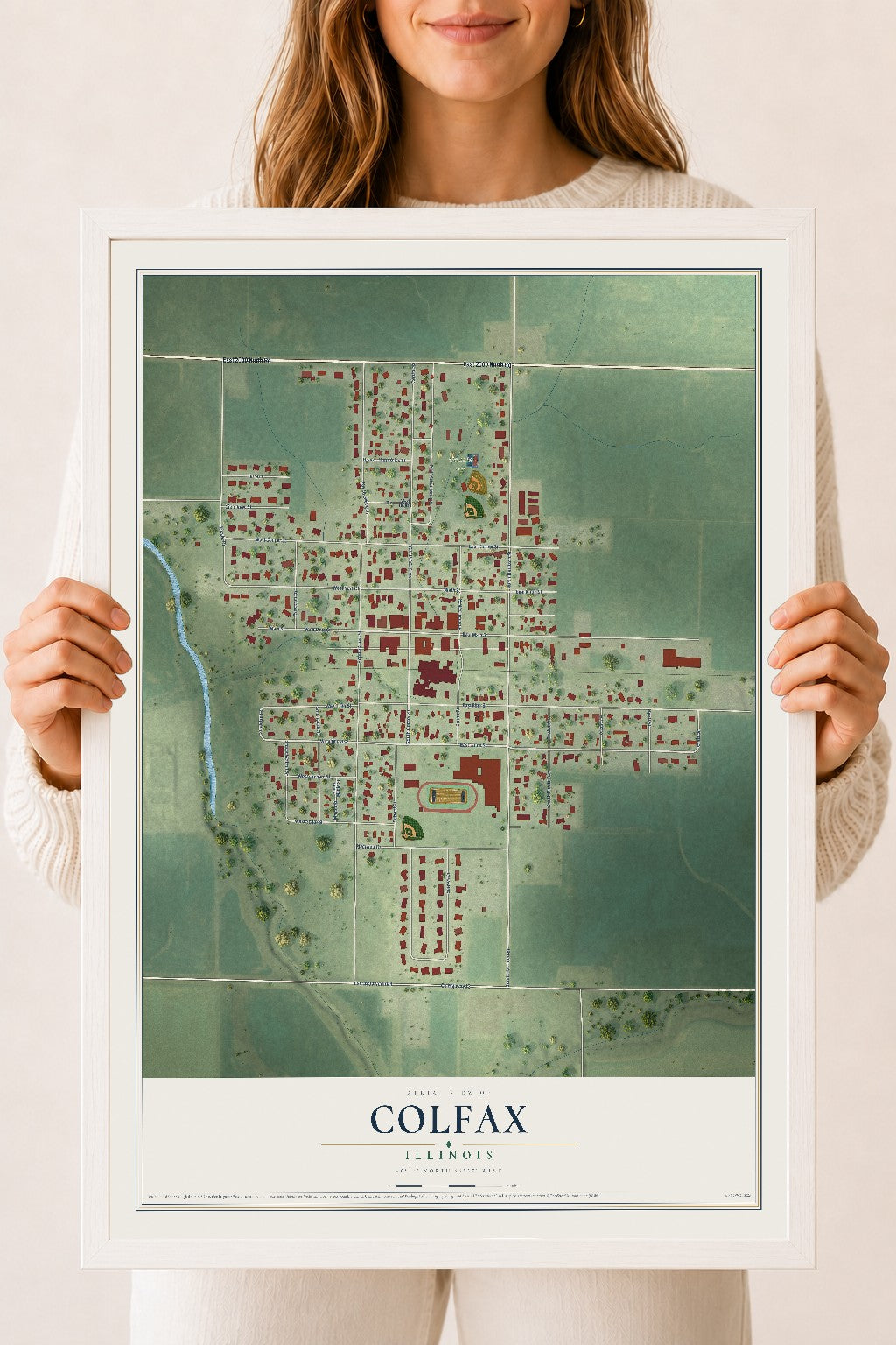 Map of Colfax, Illinois, 18 x 24 inch print in a white wood frame