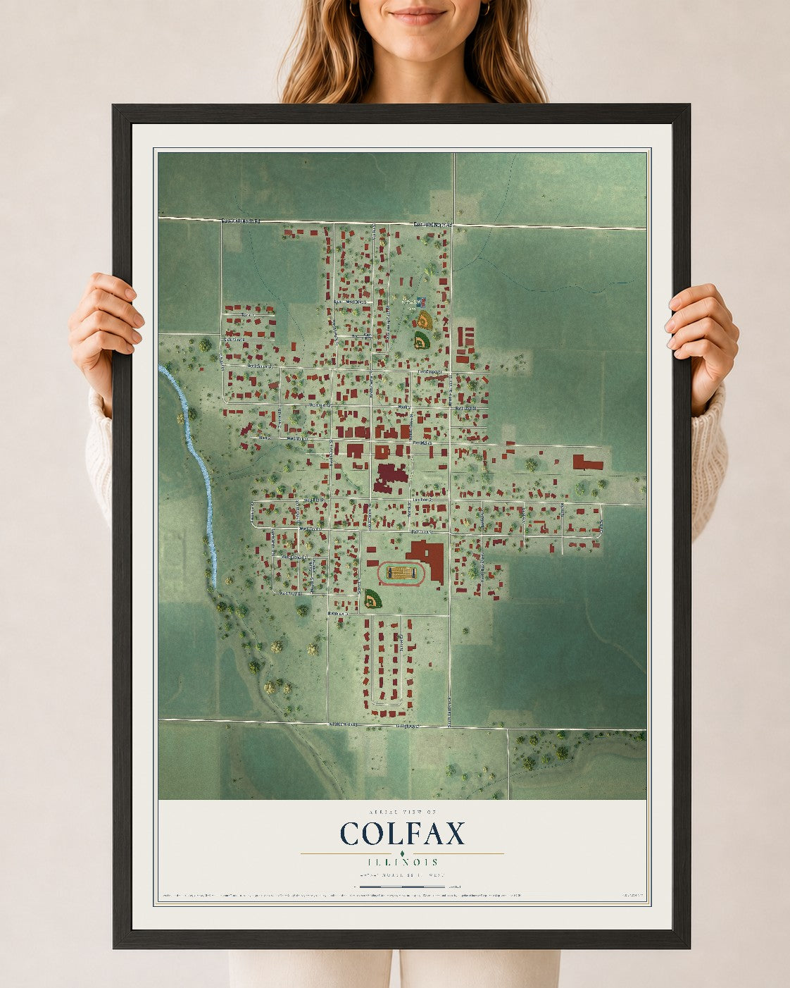 Map of Colfax, Illinois, 24 x 36 inch print in a black wood frame