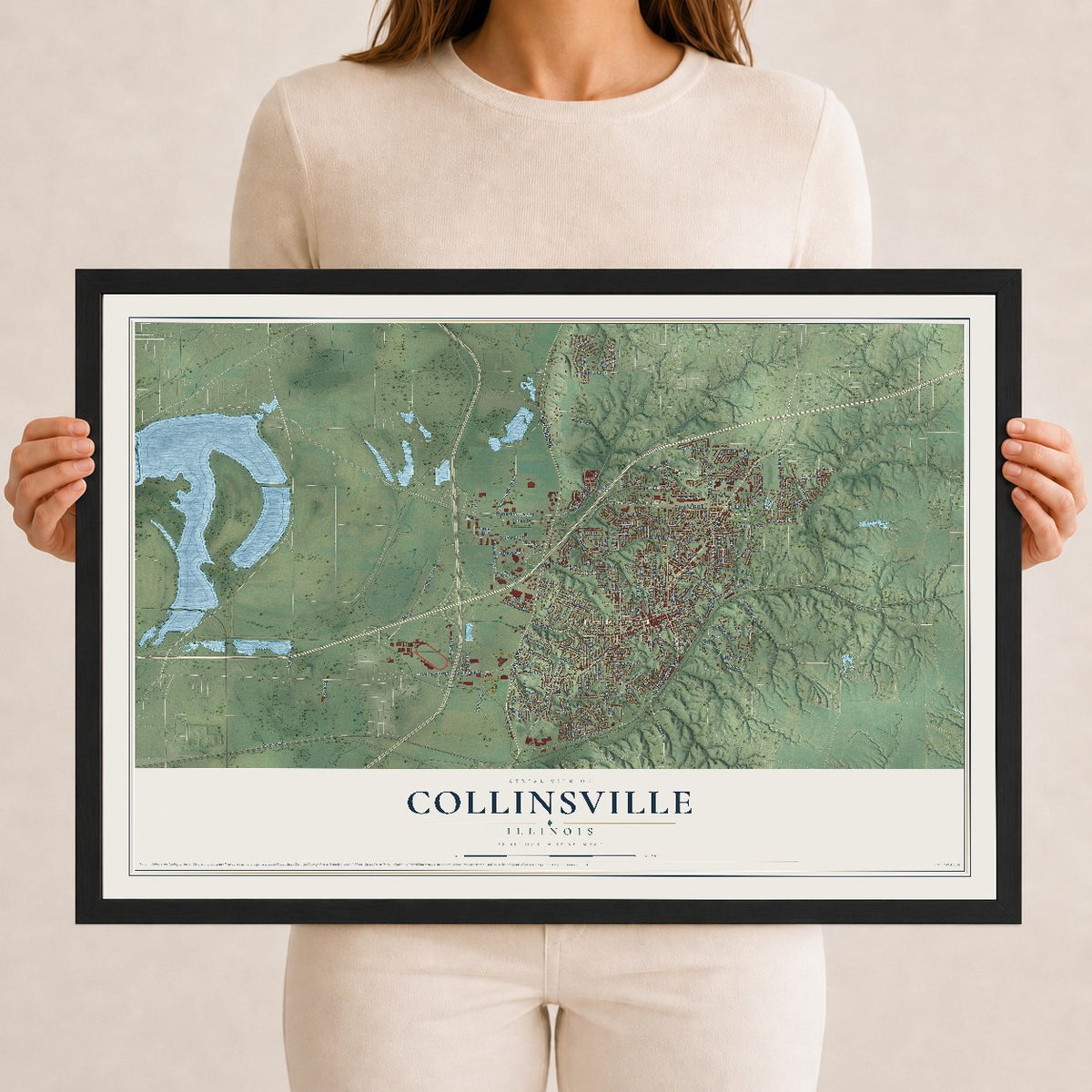 Map of Collinsville, Illinois, 12 x 18 inch print in a black wood frame