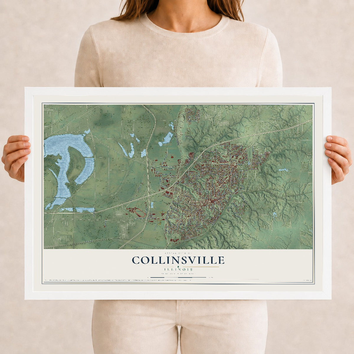 Map of Collinsville, Illinois, 12 x 18 inch print in a white wood frame