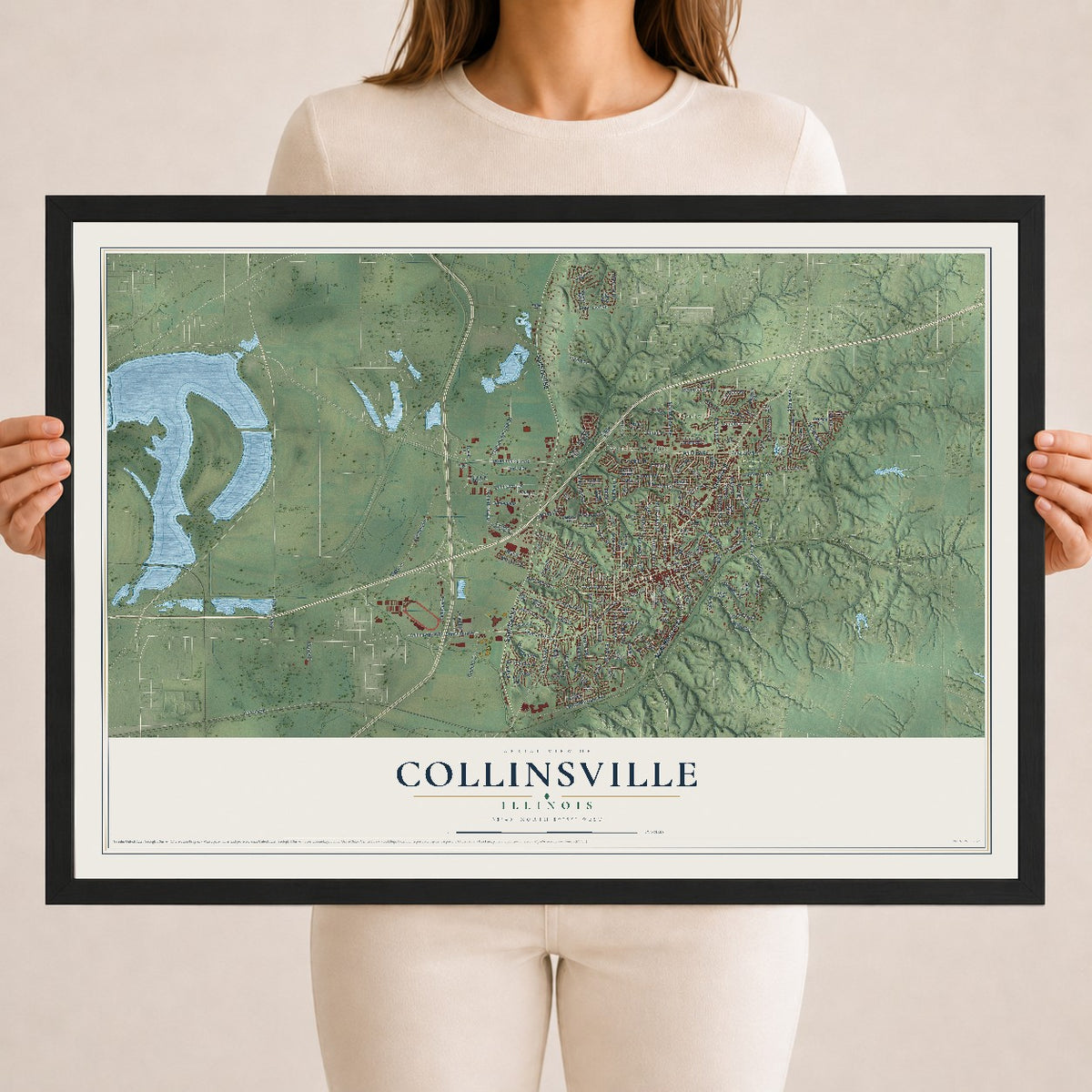 Map of Collinsville, Illinois, 18 x 24 inch print in a black wood frame