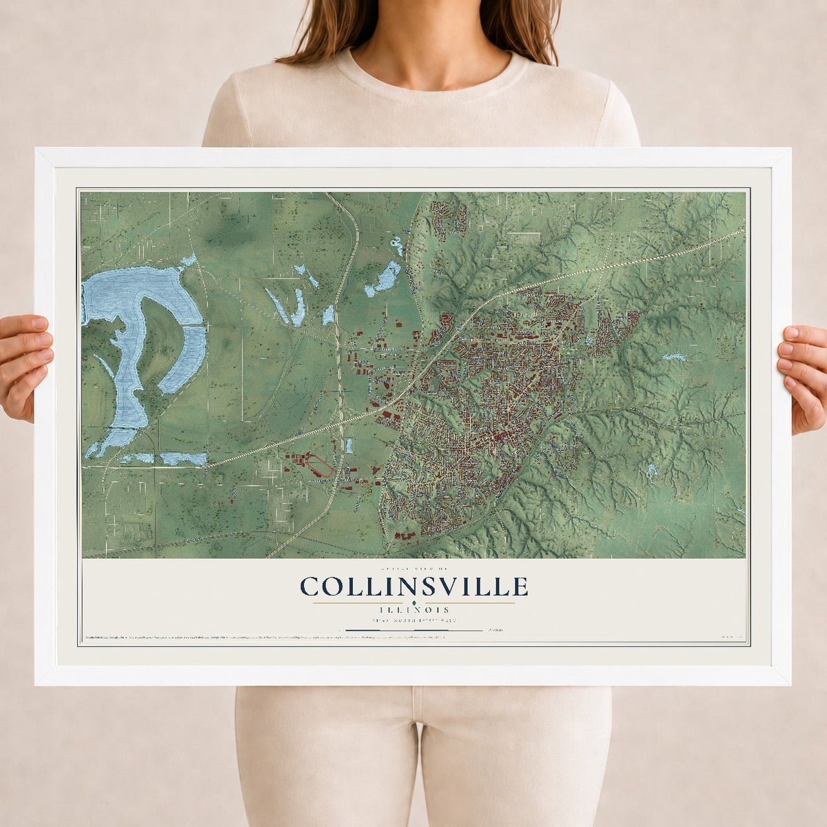Map of Collinsville, Illinois, 18 x 24 inch print in a white wood frame