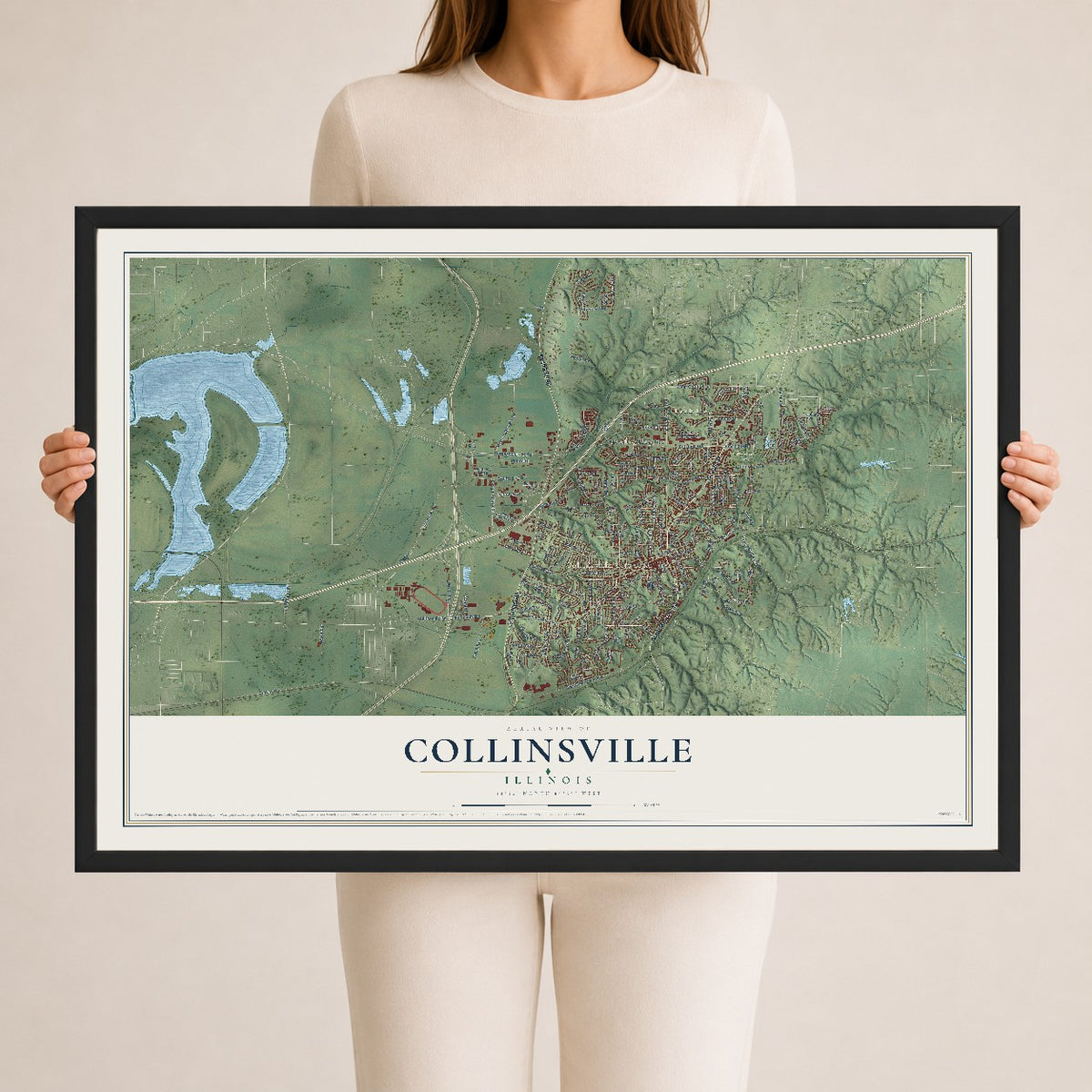 Map of Collinsville, Illinois, 24 x 36 inch print in a black wood frame
