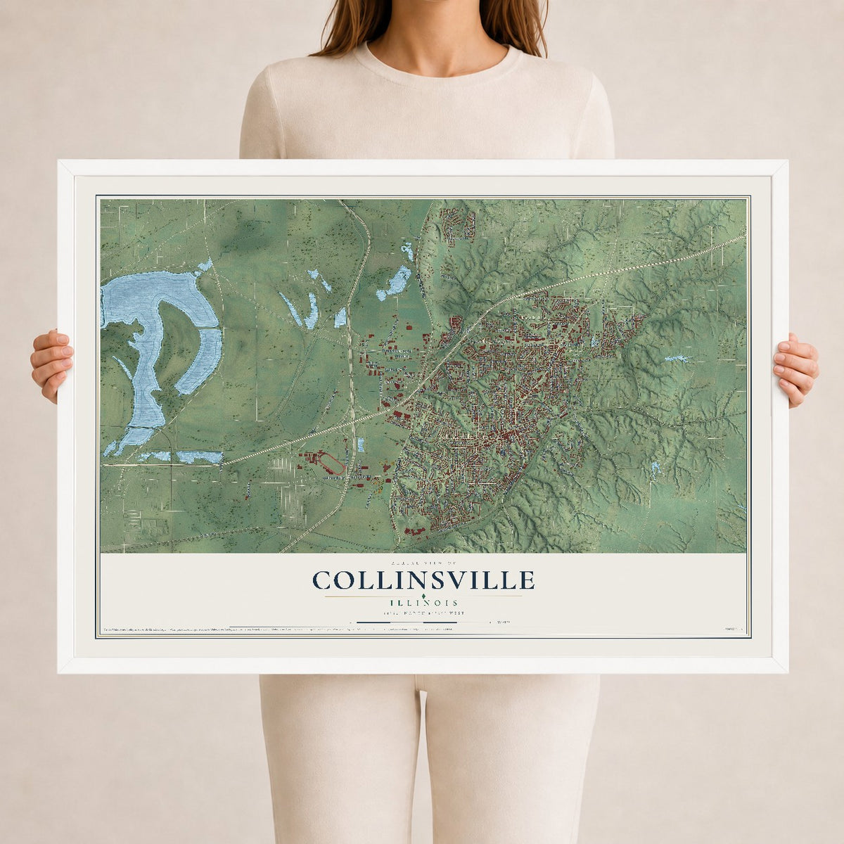 Map of Collinsville, Illinois, 24 x 36 inch print in a white wood frame