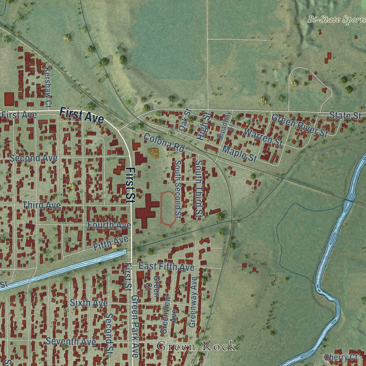 Close-up of the map of Colona, Illinois print showing street and building detail