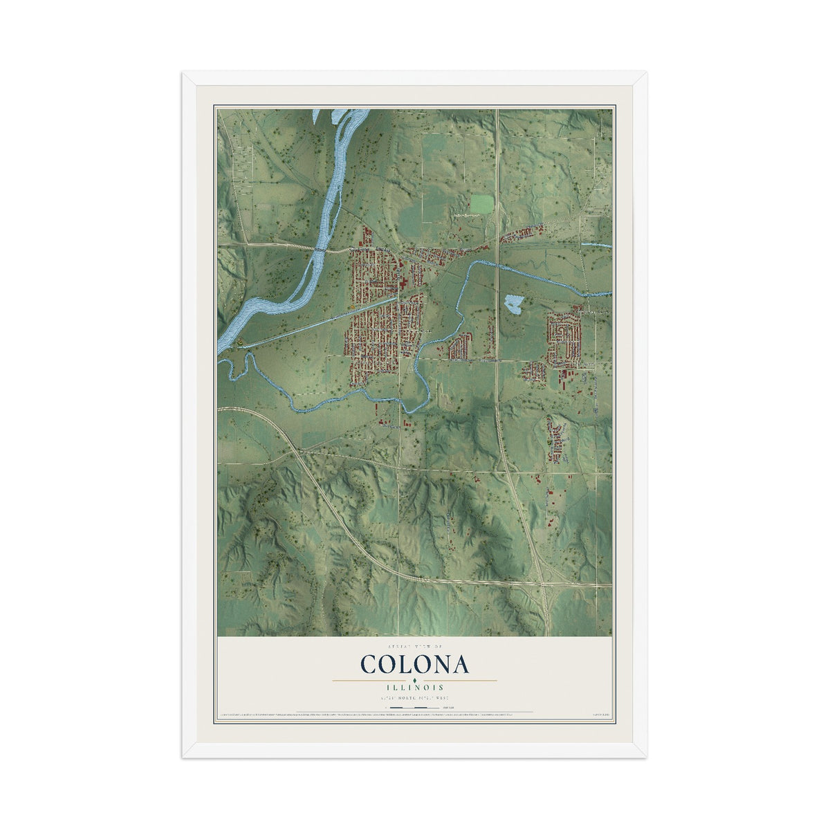 Map of Colona, Illinois, 12 x 18 inch print in a white wood frame