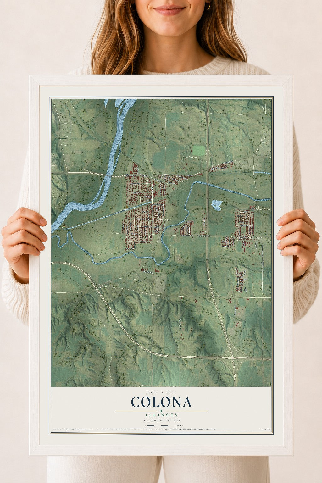 Map of Colona, Illinois, 18 x 24 inch print in a white wood frame