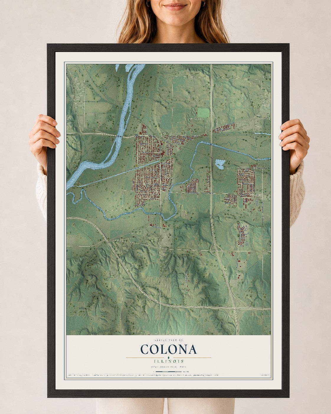 Map of Colona, Illinois, 24 x 36 inch print in a black wood frame