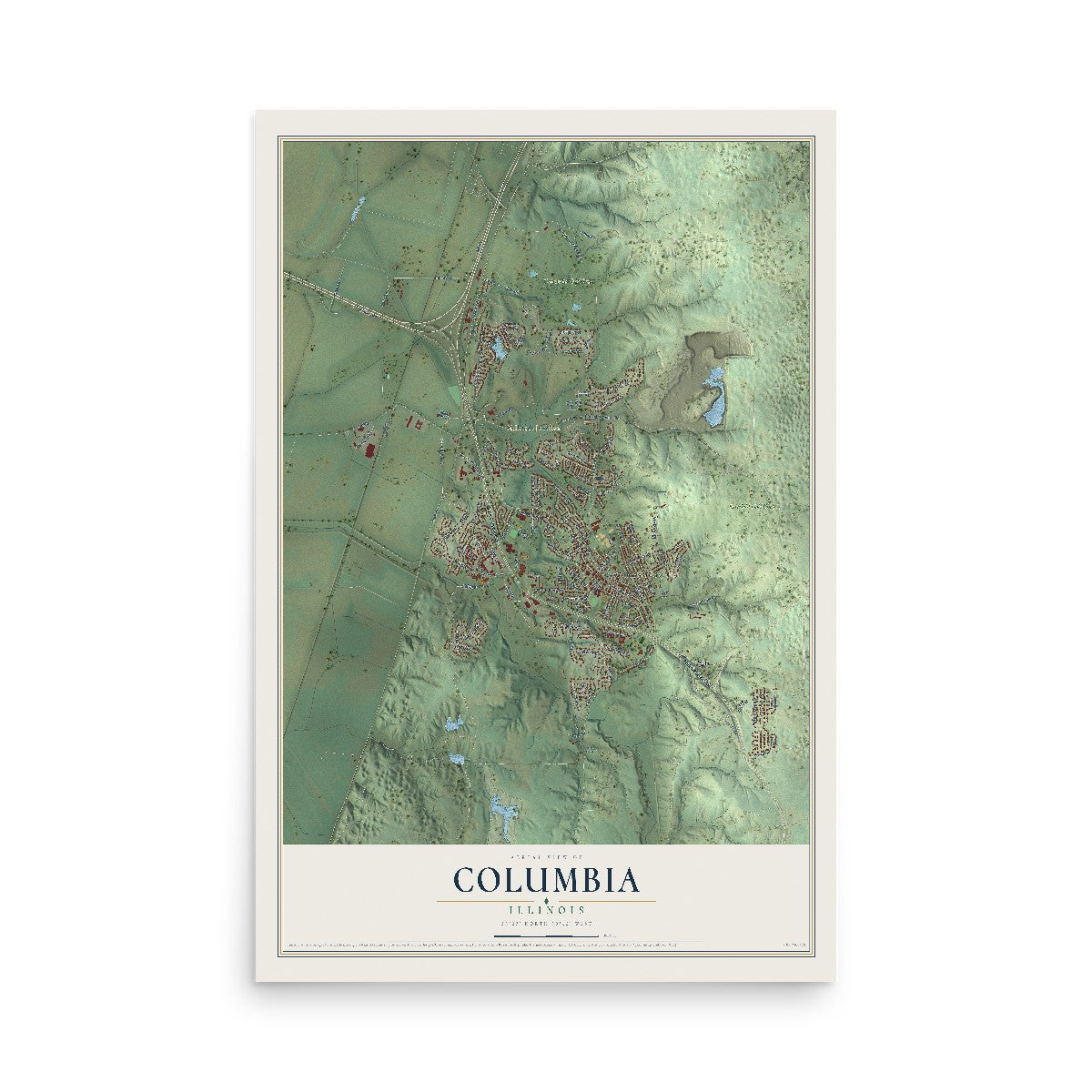 Map of Columbia, Illinois, 12 x 18 inch unframed archival matte print