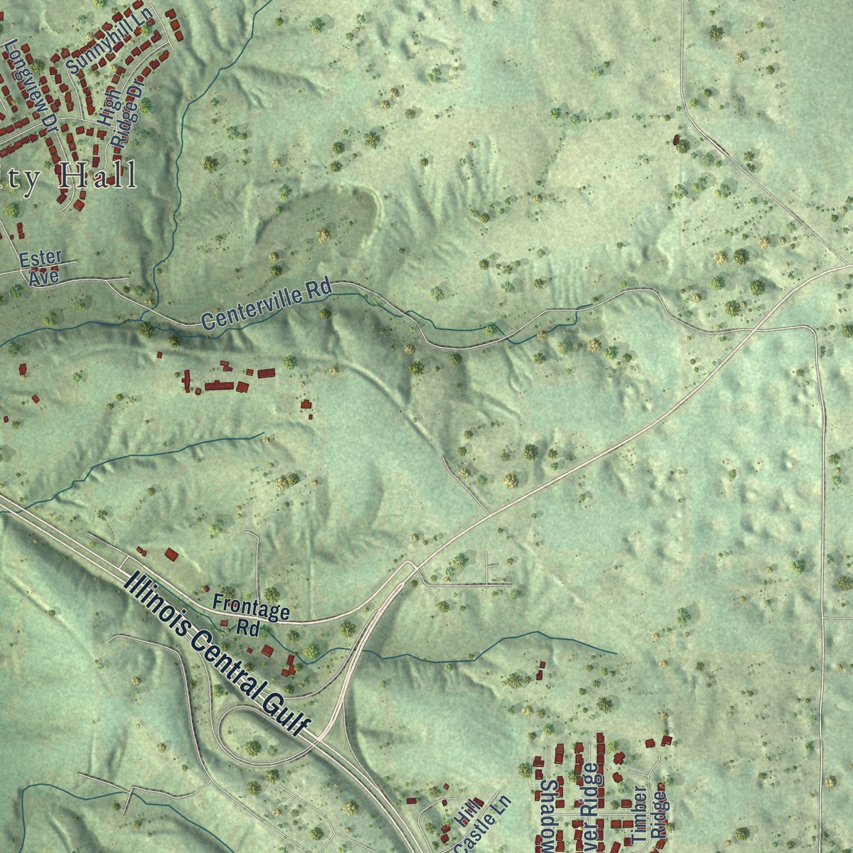 Second close-up of the map of Columbia, Illinois print showing more streets and buildings
