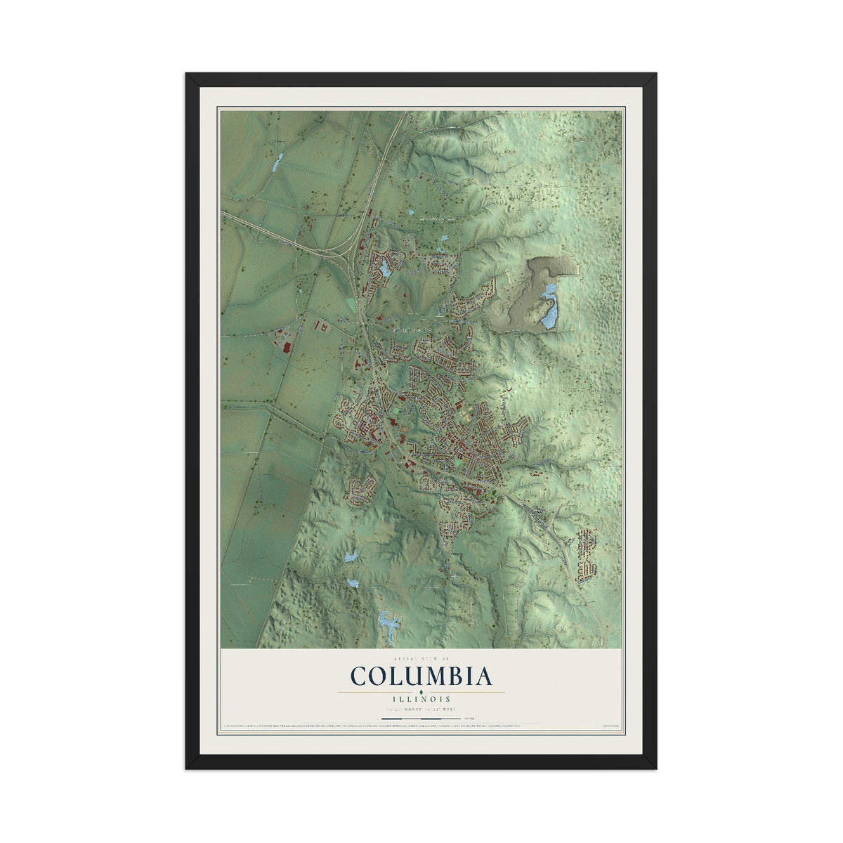 Map of Columbia, Illinois, 12 x 18 inch print in a black wood frame