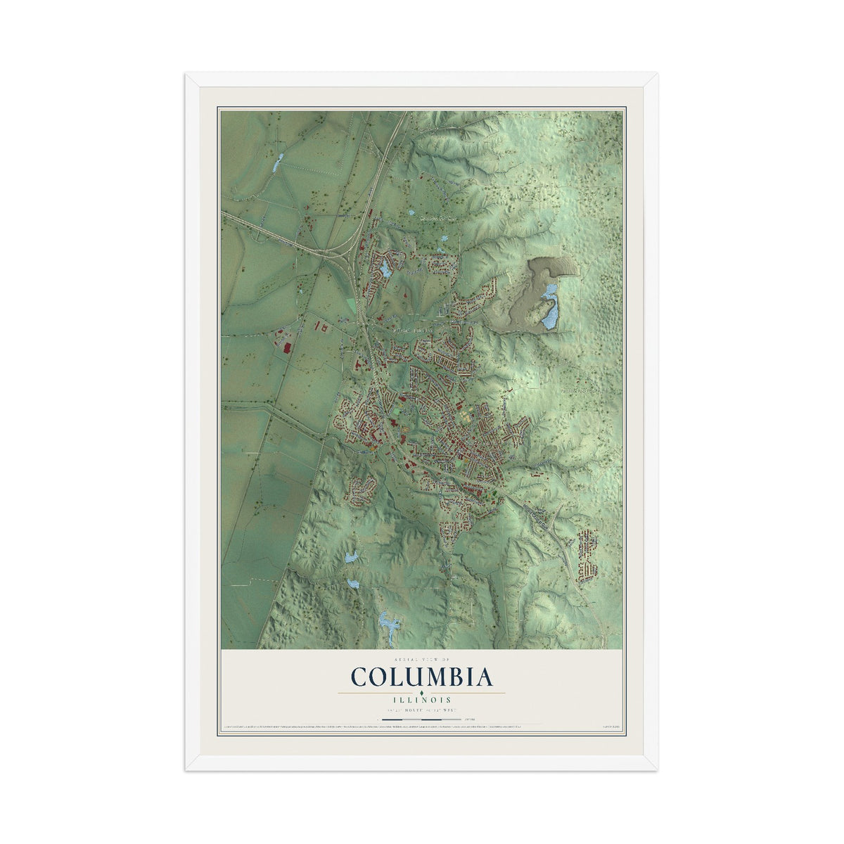 Map of Columbia, Illinois, 12 x 18 inch print in a white wood frame