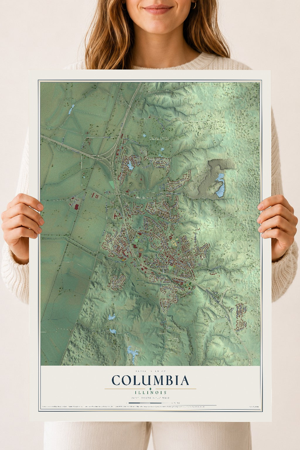Map of Columbia, Illinois, 18 x 24 inch unframed archival matte print