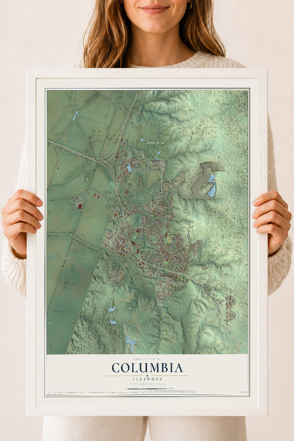 Map of Columbia, Illinois, 18 x 24 inch print in a white wood frame