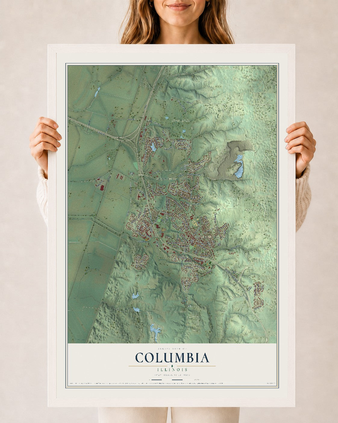 Map of Columbia, Illinois, 24 x 36 inch print in a white wood frame