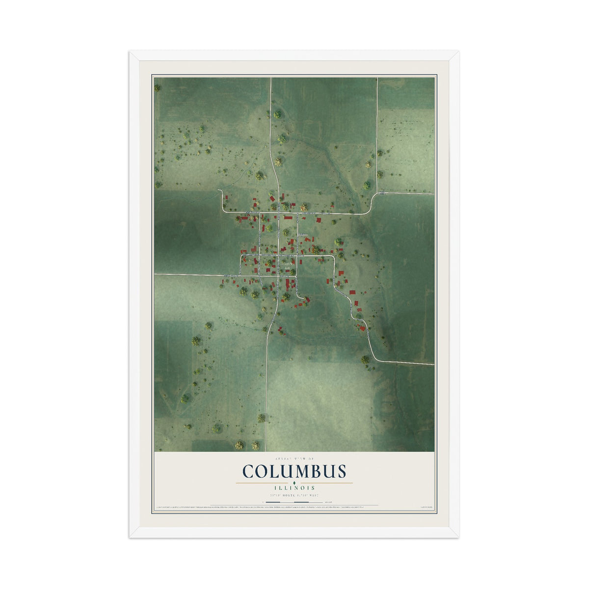 Map of Columbus, Illinois, 12 x 18 inch print in a white wood frame