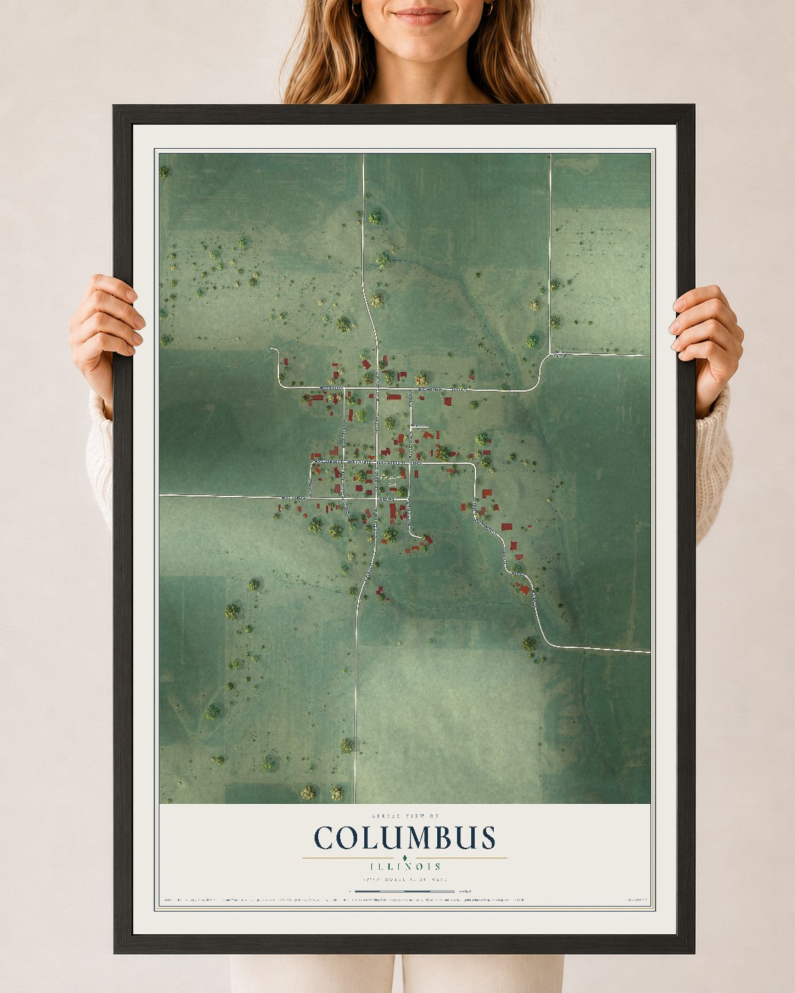 Map of Columbus, Illinois, 24 x 36 inch print in a black wood frame