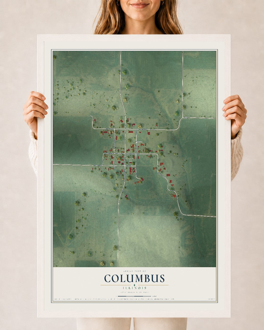 Map of Columbus, Illinois, 24 x 36 inch print in a white wood frame