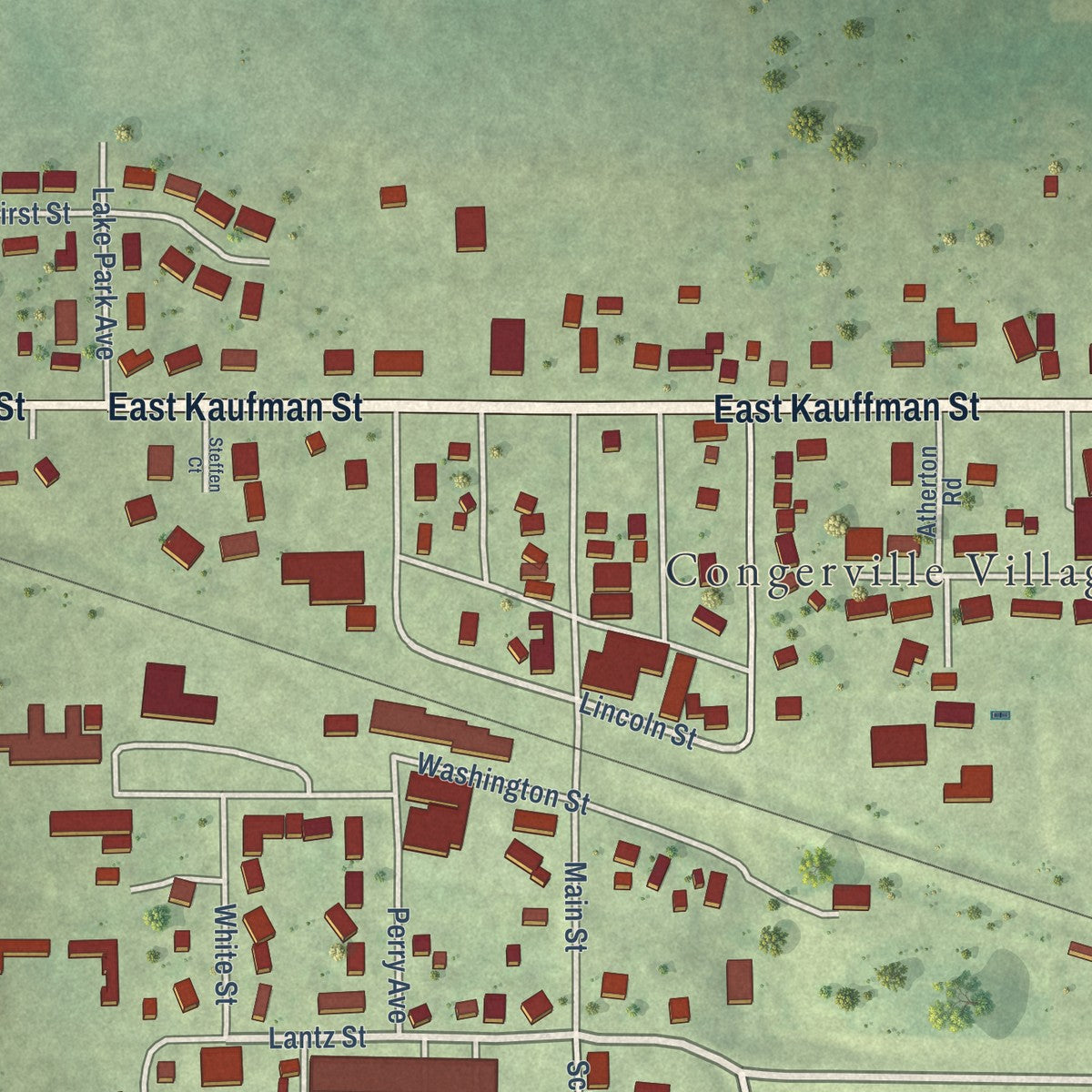 Close-up of the map of Congerville, Illinois print showing street and building detail