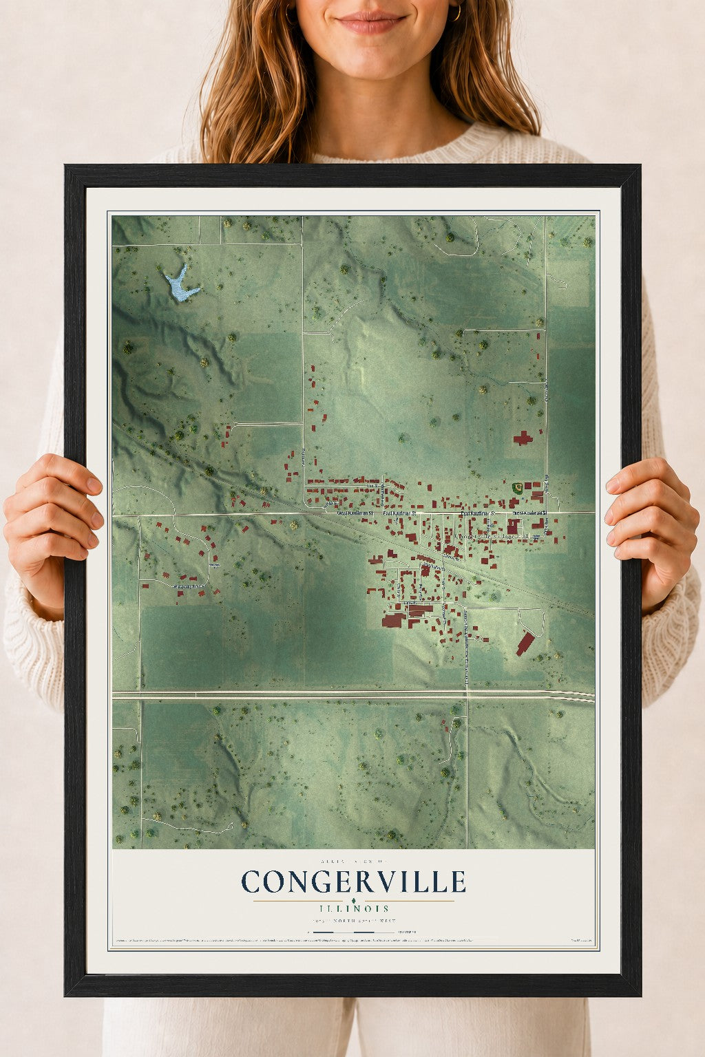 Map of Congerville, Illinois, 18 x 24 inch print in a black wood frame