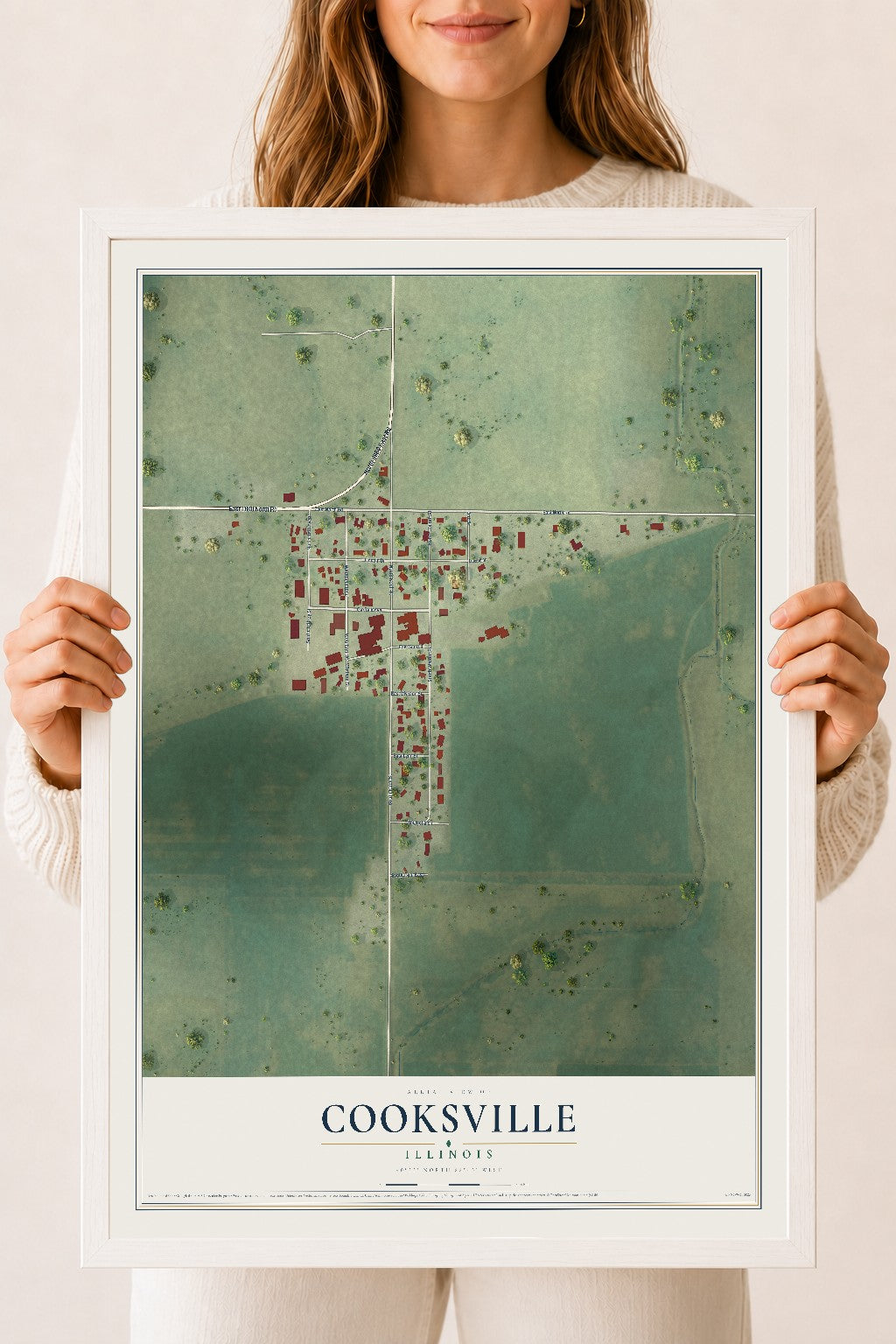 Map of Cooksville, Illinois, 18 x 24 inch print in a white wood frame