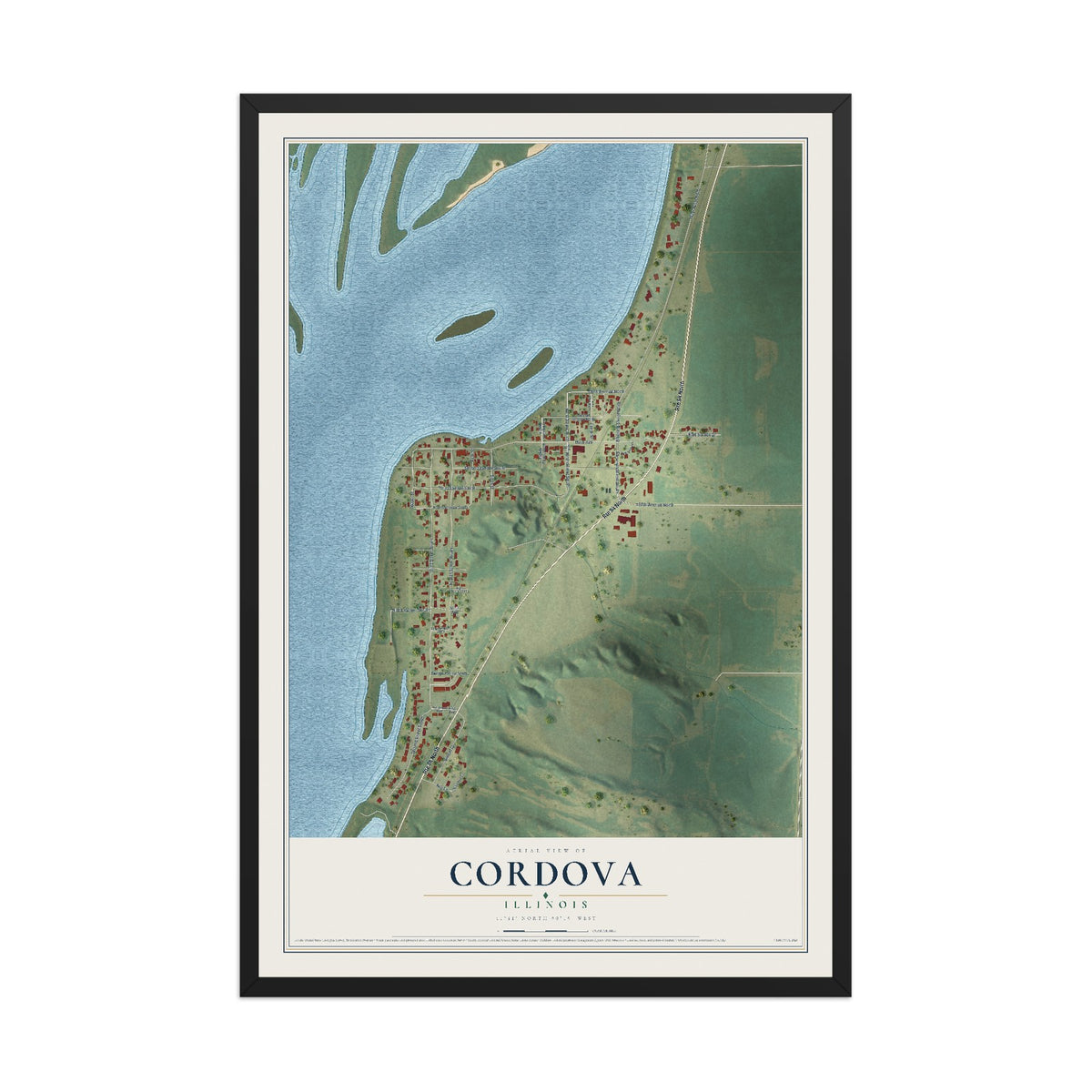 Map of Cordova, Illinois, 12 x 18 inch print in a black wood frame