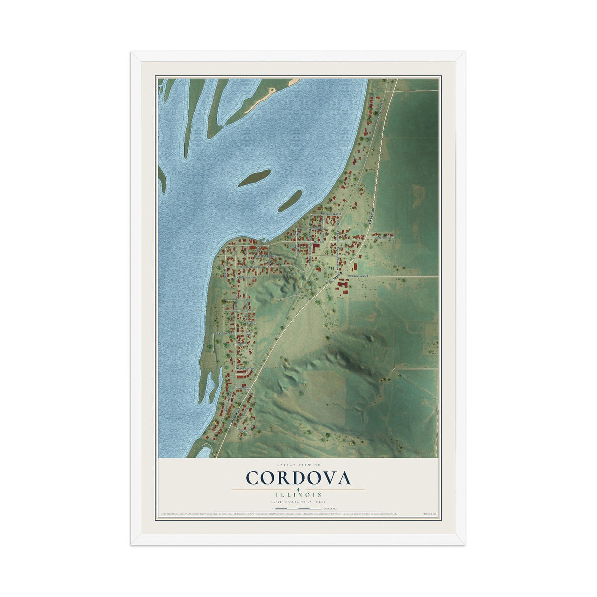 Map of Cordova, Illinois, 12 x 18 inch print in a white wood frame