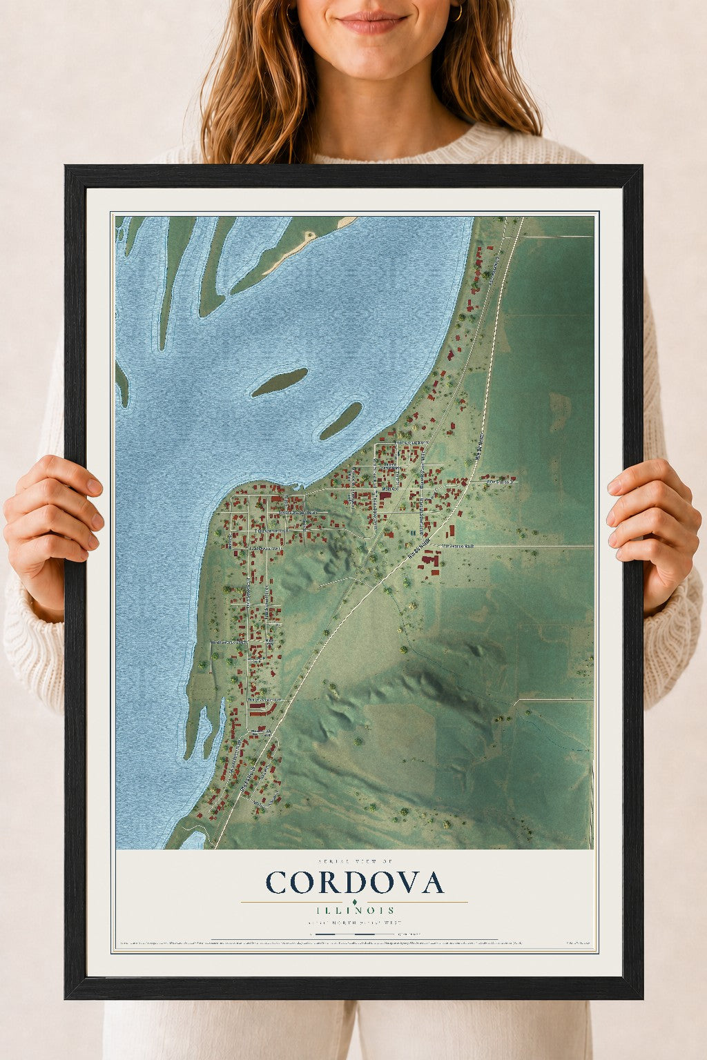 Map of Cordova, Illinois, 18 x 24 inch print in a black wood frame