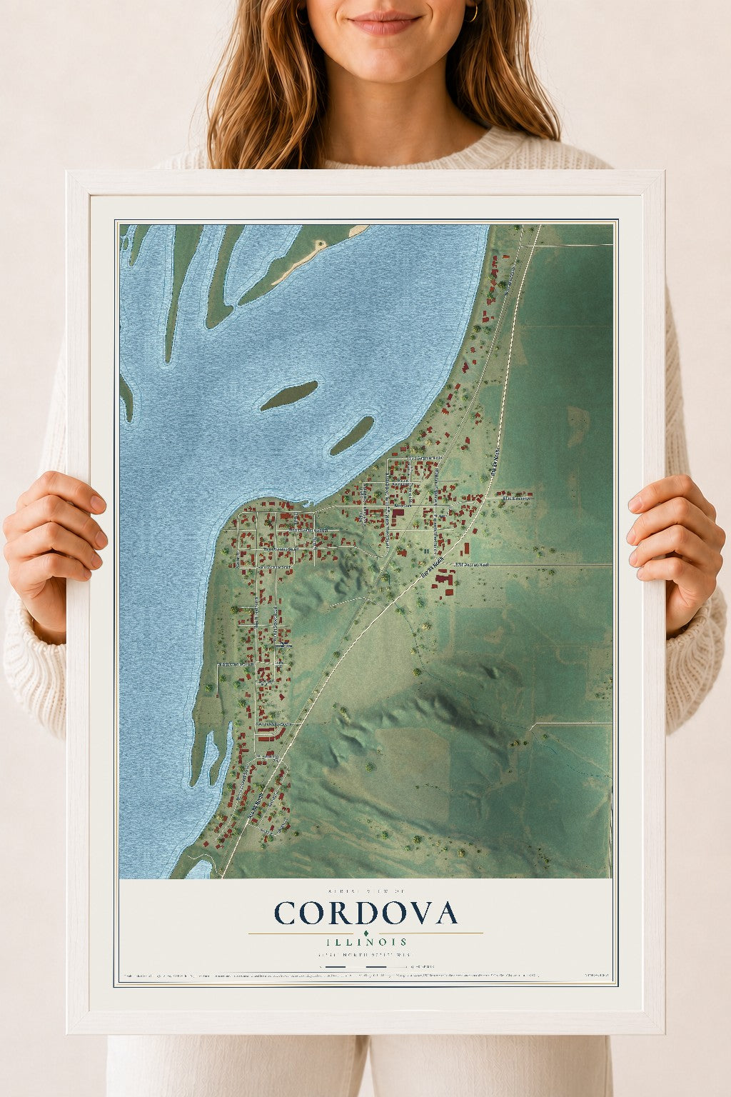 Map of Cordova, Illinois, 18 x 24 inch print in a white wood frame